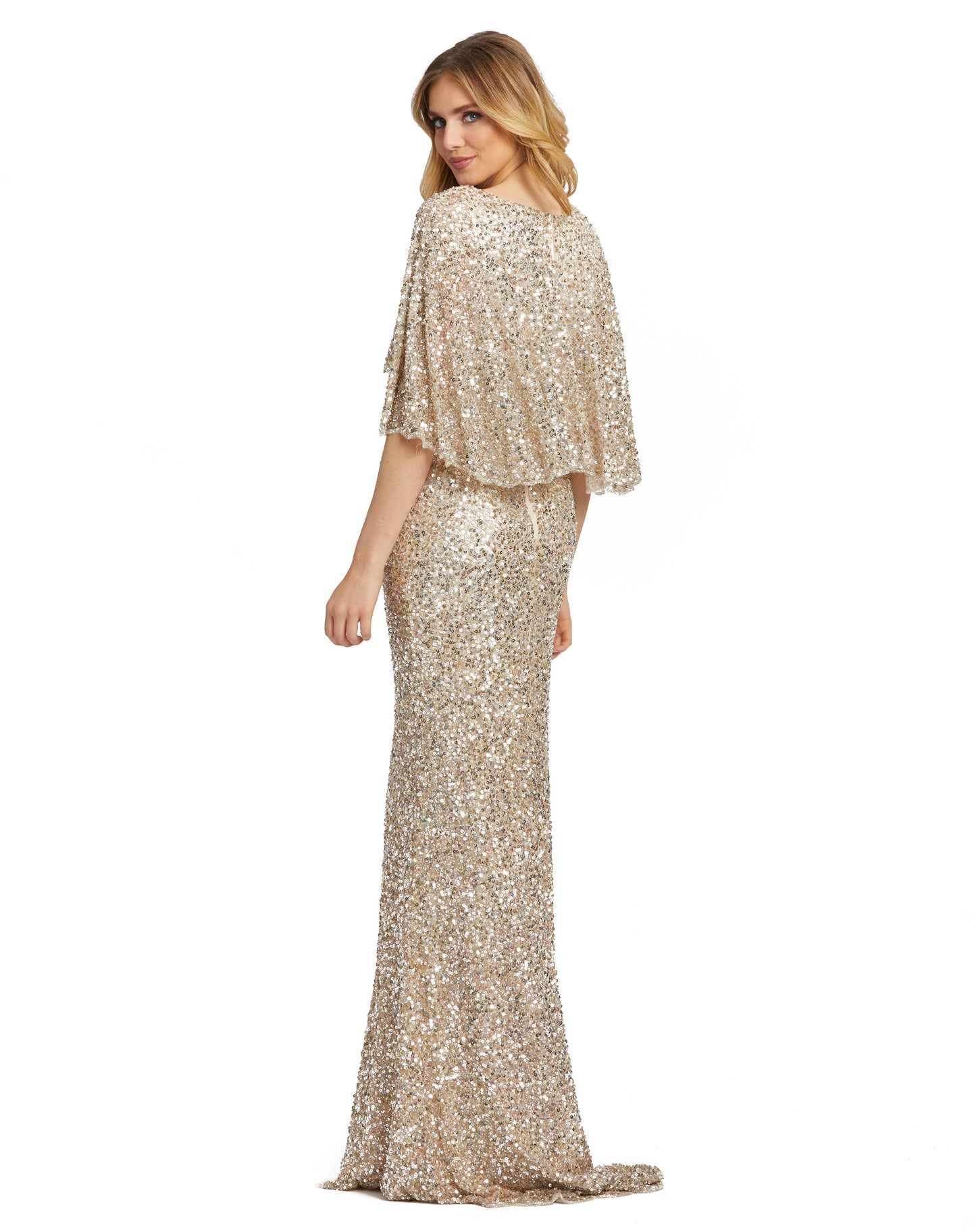 Beautiful sequin v-neck gown with bell sleeves and waist beading. Mac Duggal Partially Lined Back Zipper 100% Polyester Short Sleeve Full Length V-Neck Style #4808
