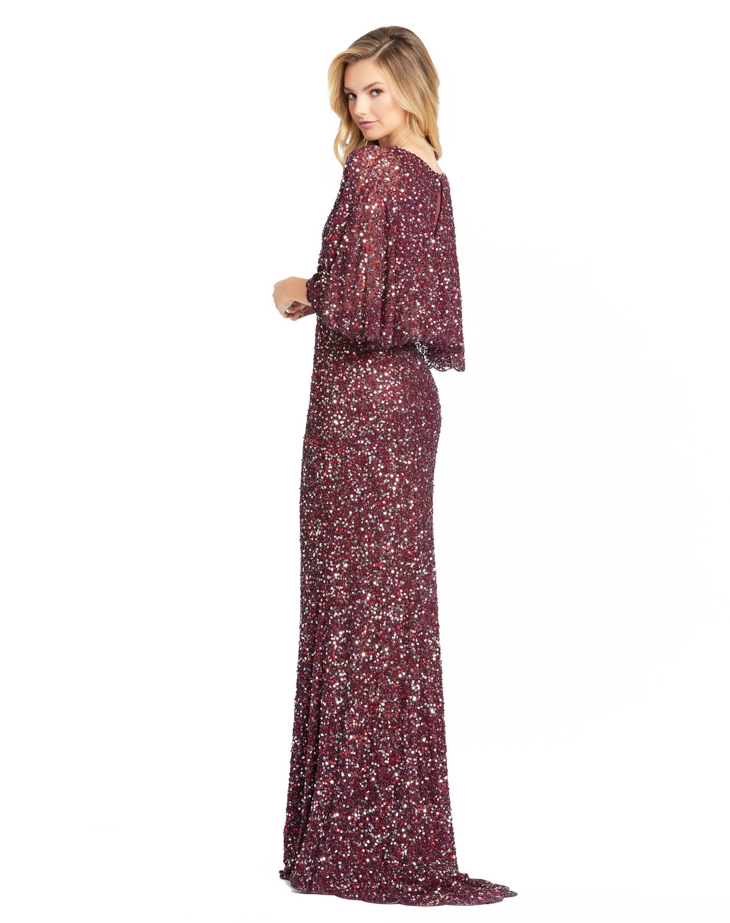 Beautiful sequin v-neck gown with bell sleeves and waist beading. Mac Duggal Partially Lined Back Zipper 100% Polyester Short Sleeve Full Length V-Neck Style #4808