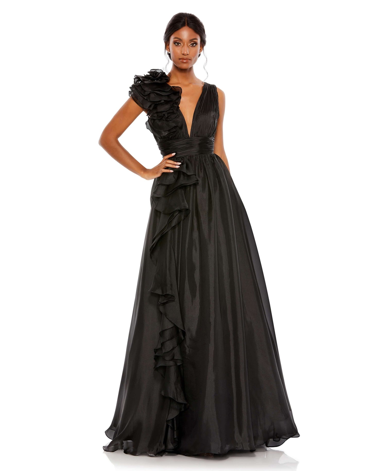 Mac Duggal Style#48856, Ruffle Detailed Evening Gown, A line,Ball Gown,Floor Length,Open Back,Ruffles,sleeveless,V-Neck, $650.00