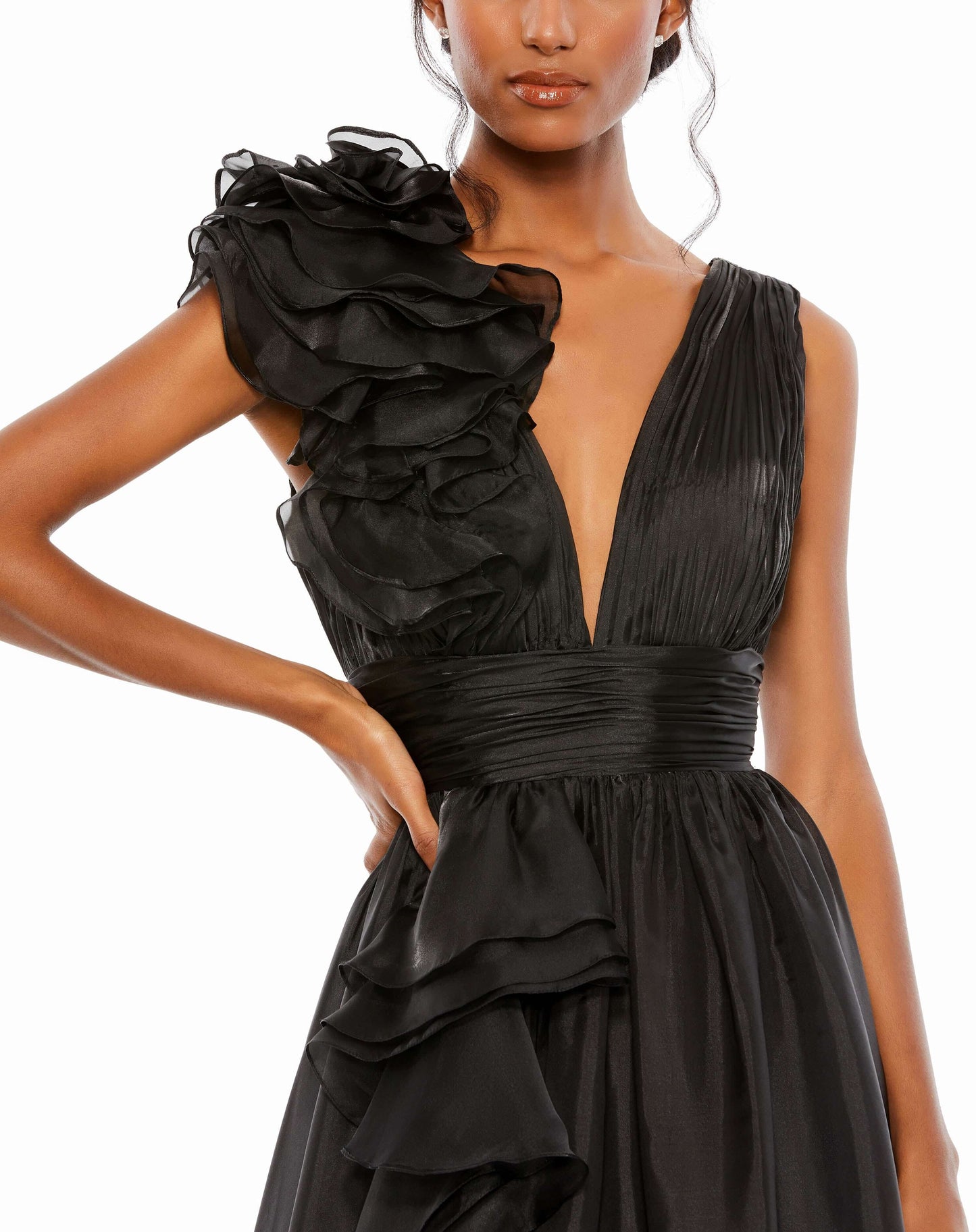 Mac Duggal Style#48856, Ruffle Detailed Evening Gown, A line,Ball Gown,Floor Length,Open Back,Ruffles,sleeveless,V-Neck, $650.00