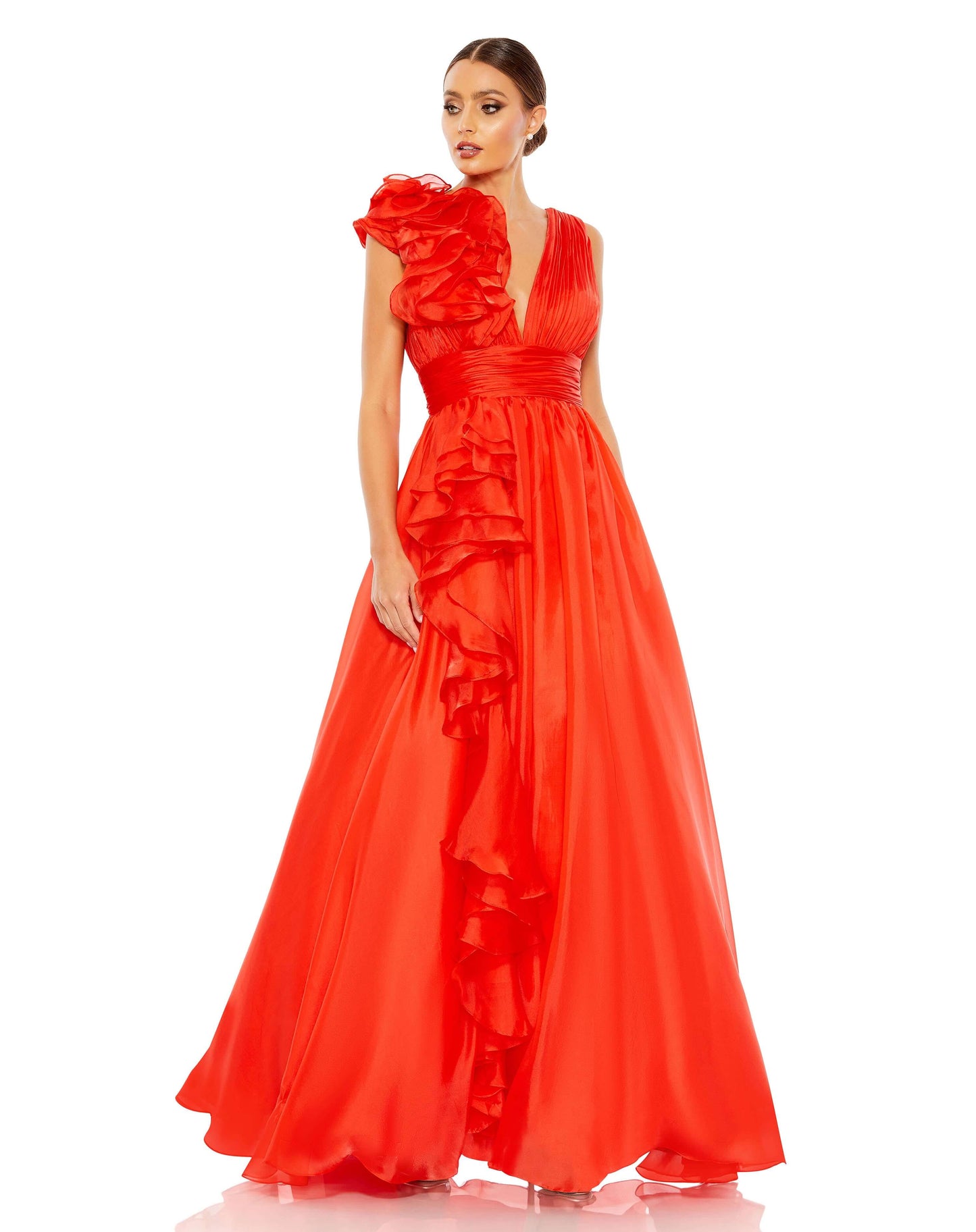 Mac Duggal Style#48856, Ruffle Detailed Evening Gown, A line,Ball Gown,Floor Length,Open Back,Ruffles,sleeveless,V-Neck, $650.00