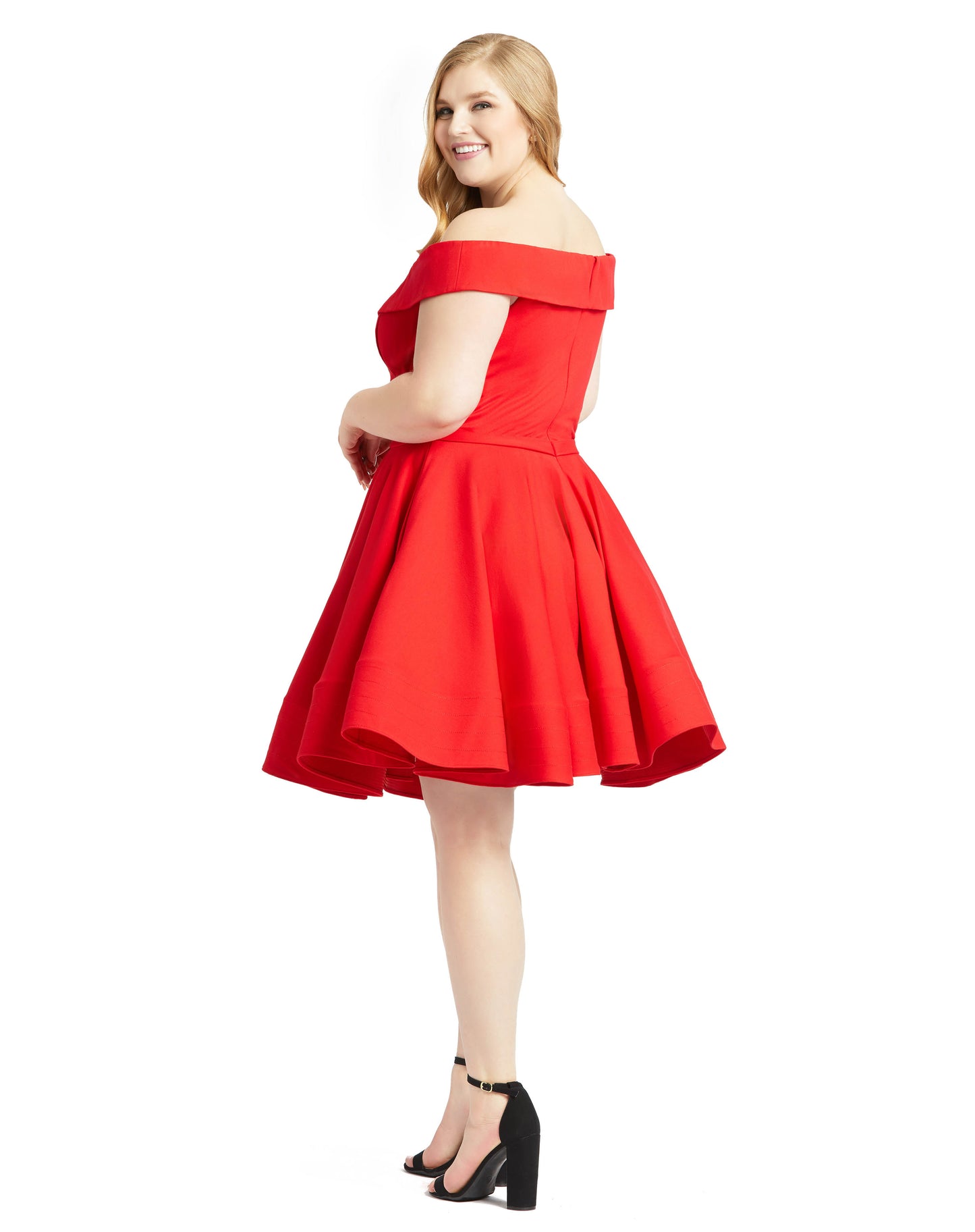 Off the Shoulder Faux Wrap Fit and Flare Dress