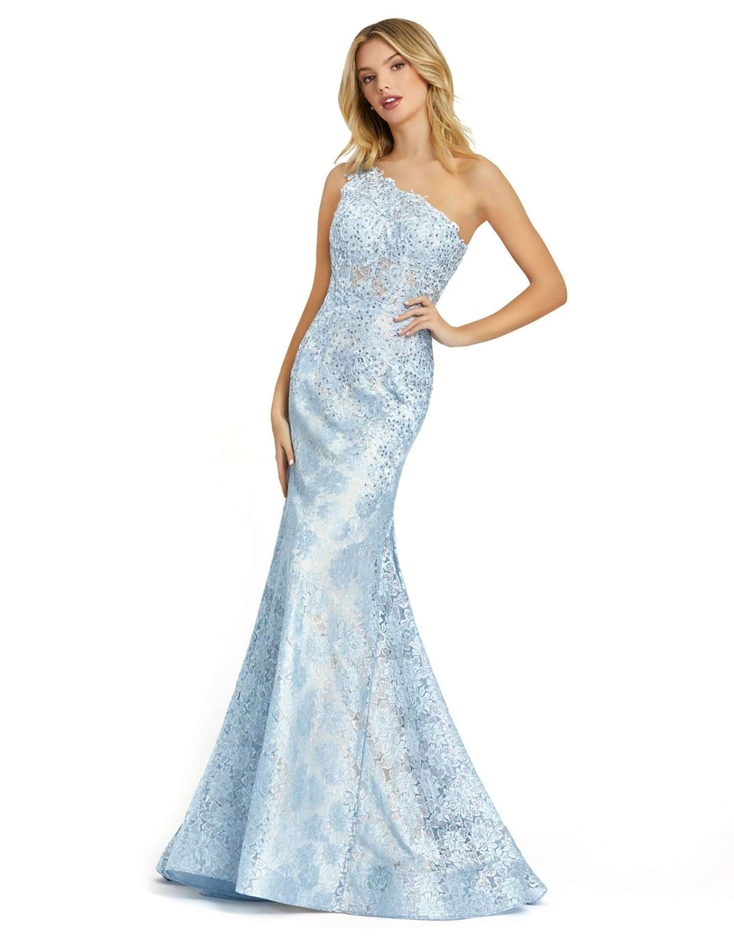 Mac Duggal Style#48910, One-Shoulder Lace Bustier Gown, beaded,Floor Length,Mermaid,One Shoulder,sleeveless, $700.00