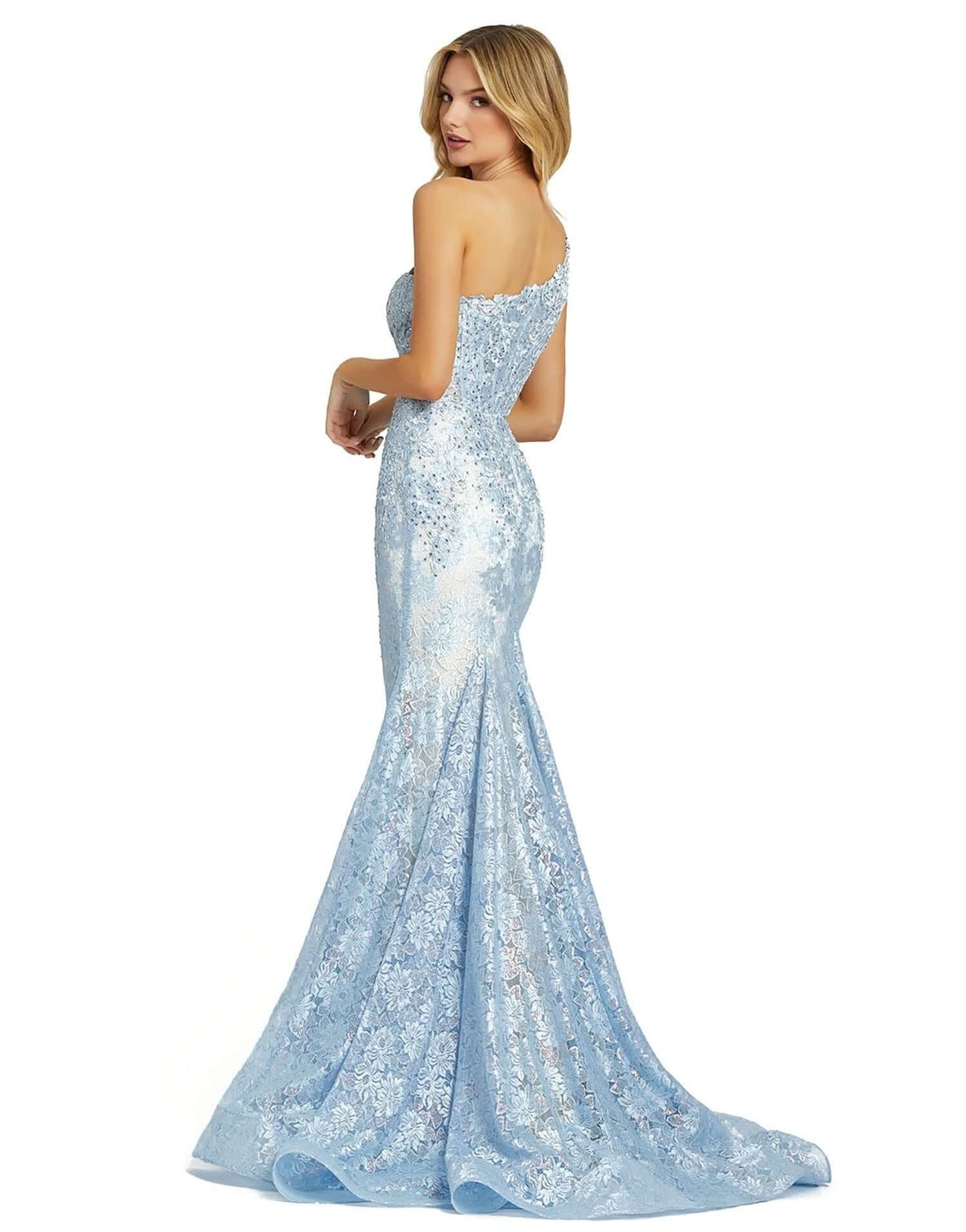 Mac Duggal Style#48910, One-Shoulder Lace Bustier Gown, beaded,Floor Length,Mermaid,One Shoulder,sleeveless, $700.00