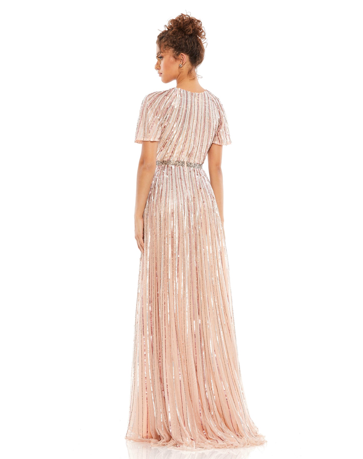 Beautiful hand-embellished ombré sequin gown complete with bell sleeves, a rhinestone belt, and a flowing train. Mac Duggal Fully Lined Back Zipper 100% Polyester Bell Sleeve Full Length Style #4913