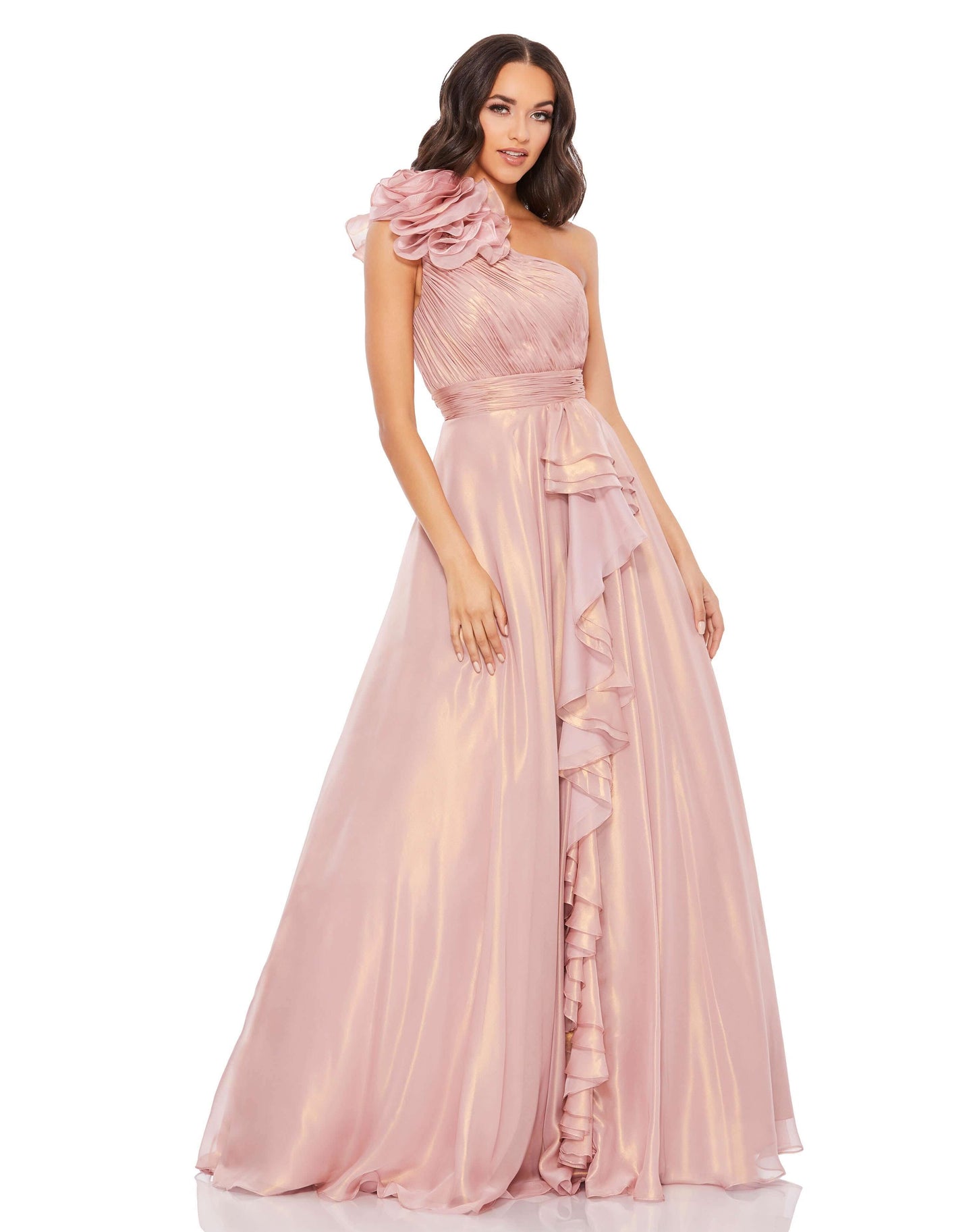 Mac Duggal Style#49252, Iridescent One Shoulder Rosette Ball Gown, A line,Ball Gown,Floor Length,One Shoulder,Ruffles,Tulle, $750.00