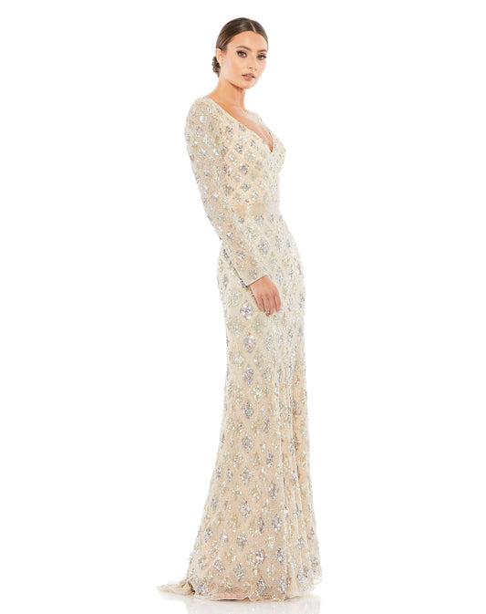 Mac Duggal Style#5021, Geometric Embellished Evening Gown, Floor Length,ivory,long sleeve,Sequin,Sheath,V-Neck, $850.00