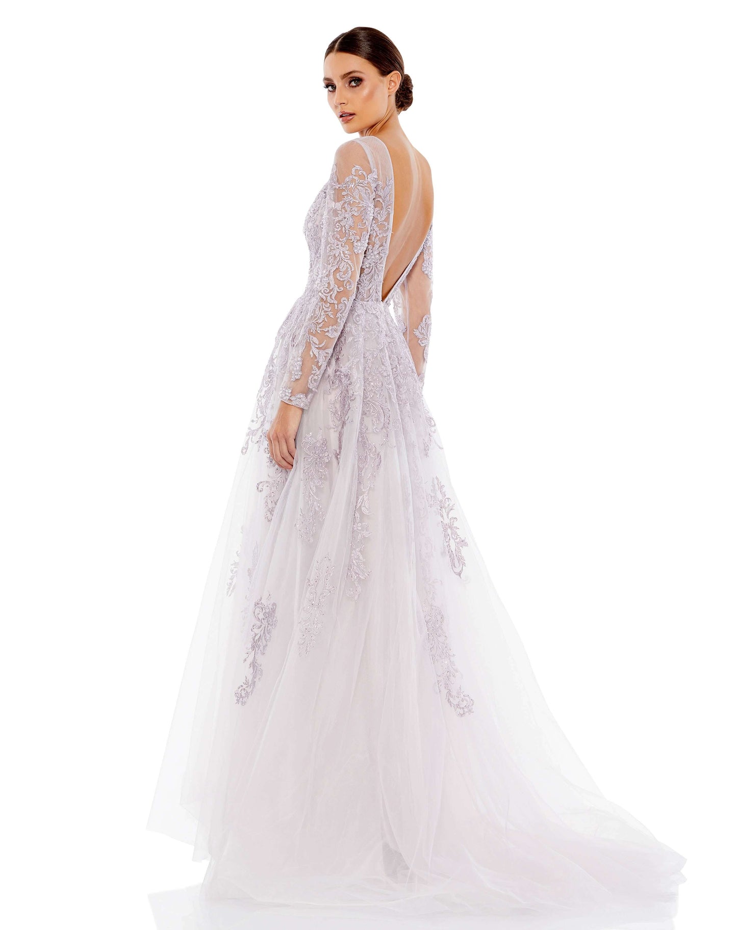 Mac Duggal Hand embellished tulle fabric (100% polyester) Partially lined bodice; fully lined skirt; semi-sheer unlined sleeves Illusion boat neckline Long sleeves Concealed back zipper Approx. 62.5" from top of shoulder to bottom hem Available in Lilac S