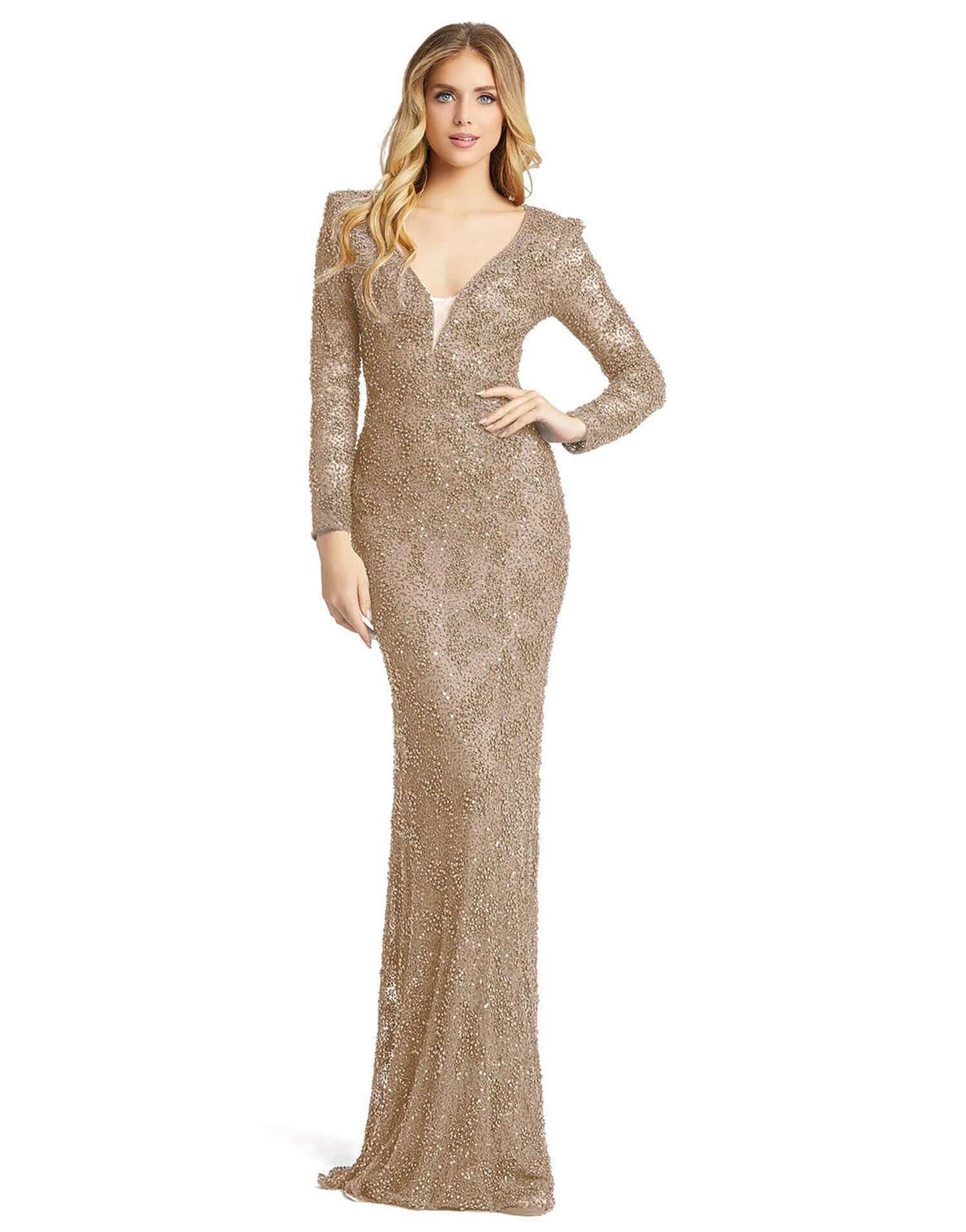 Mac Duggal Style#5177, Beaded Illusion Plunge Neck Long Sleeve Gown, beaded,Floor Length,Lace,long sleeve,Sheath,V-Neck, $850.00