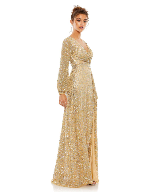 Mac Duggal Style#5213, Multi-Colored Sequin Silver Gown, Fit and Flare,Floor Length,long sleeve,SALE,Sequin,V-Neck, $550.00