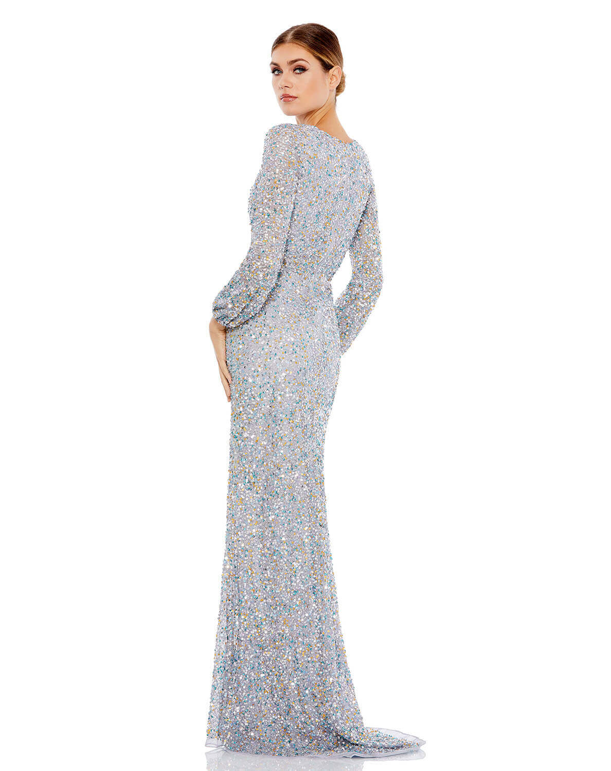 Mac Duggal Style#5213, Multi-Colored Sequin Silver Gown, Fit and Flare,Floor Length,long sleeve,SALE,Sequin,V-Neck, $550.00