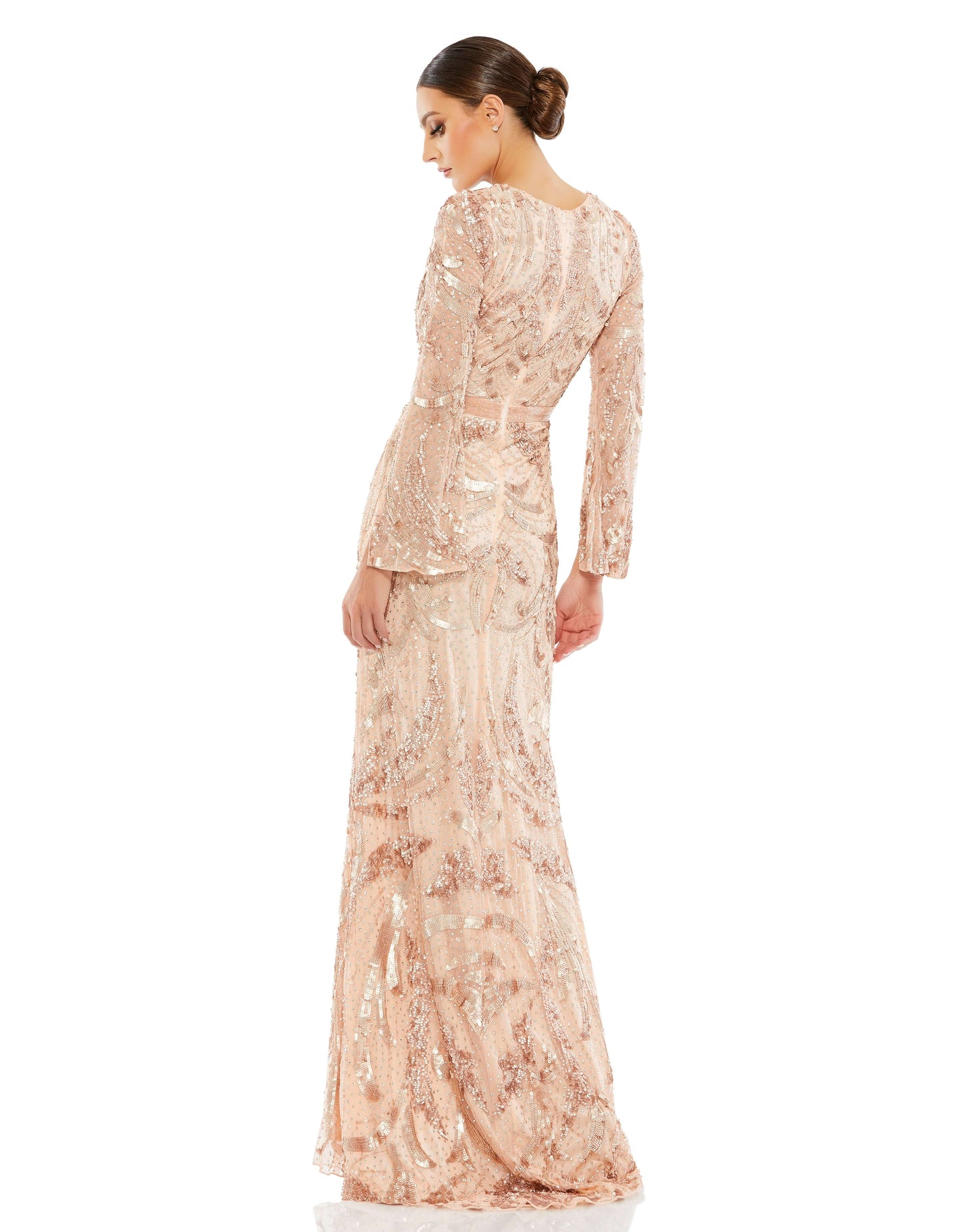 Mac Duggal Style#5222, Sequined Faux Wrap Split Long Sleeve Gown, beaded,Floor Length,Sequin,Sheath,Slit,Tulle,V-Neck, $875.00