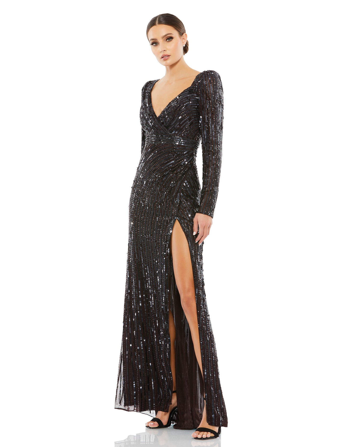 Mac Duggal Style#5379, Sequined Sweetheart Long Sleeve Gown, Fit and Flare,Floor Length,long sleeve,Open Back,Sequin,Slit,V-Neck, $750.00