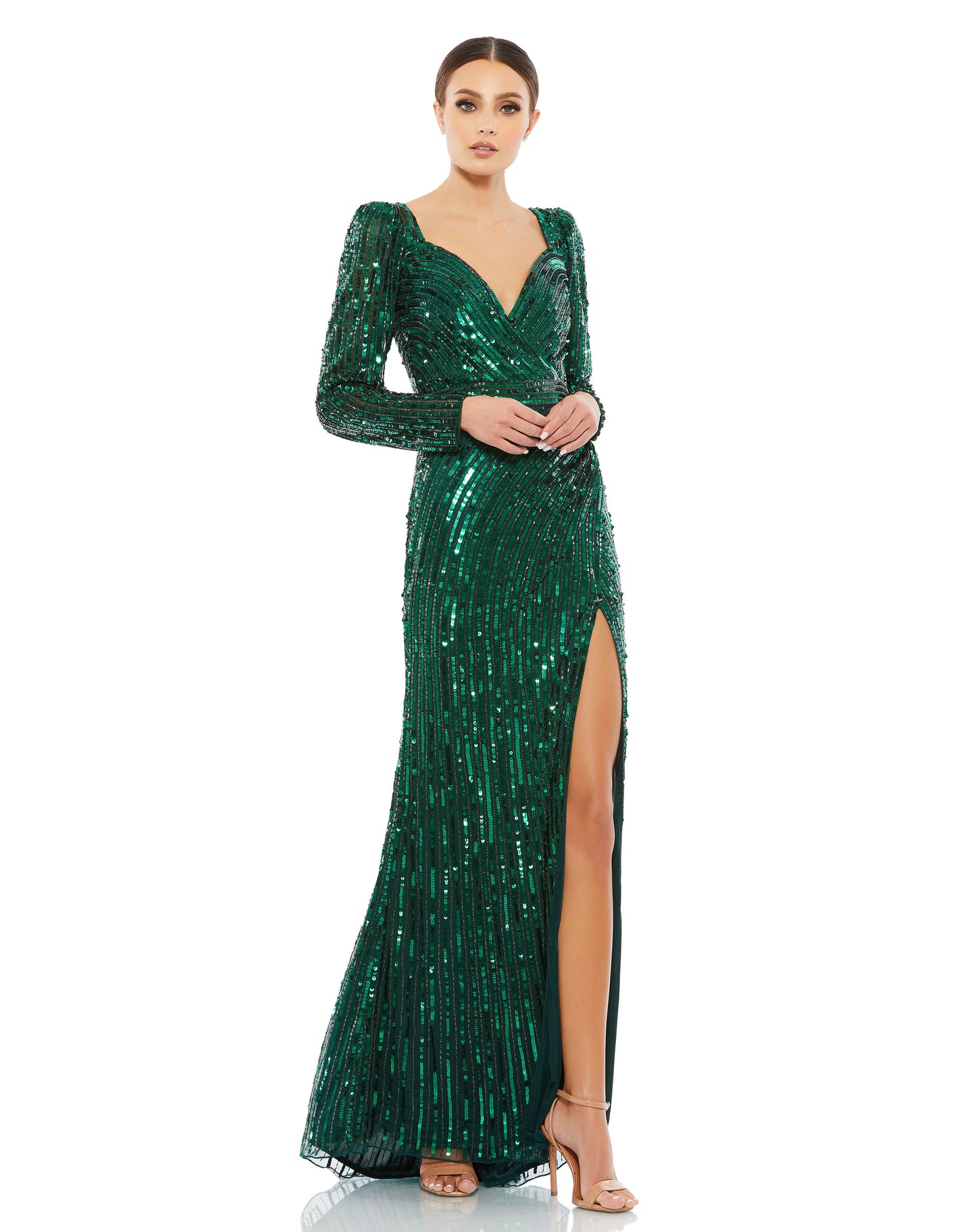 Mac Duggal Style#5379, Sequined Sweetheart Long Sleeve Gown, Fit and Flare,Floor Length,long sleeve,Open Back,Sequin,Slit,V-Neck, $750.00