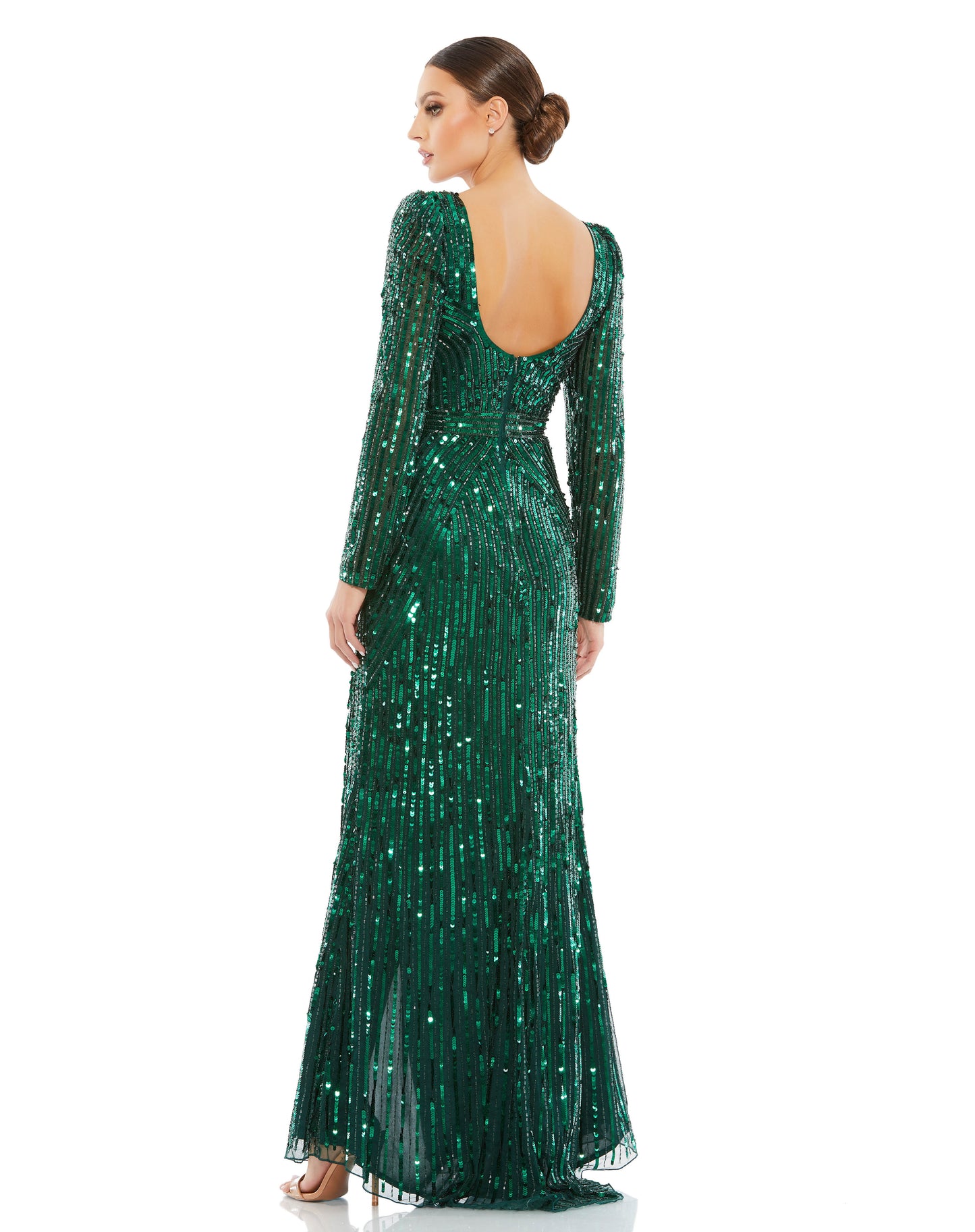 Mac Duggal Style#5379, Sequined Sweetheart Long Sleeve Gown, Fit and Flare,Floor Length,long sleeve,Open Back,Sequin,Slit,V-Neck, $750.00
