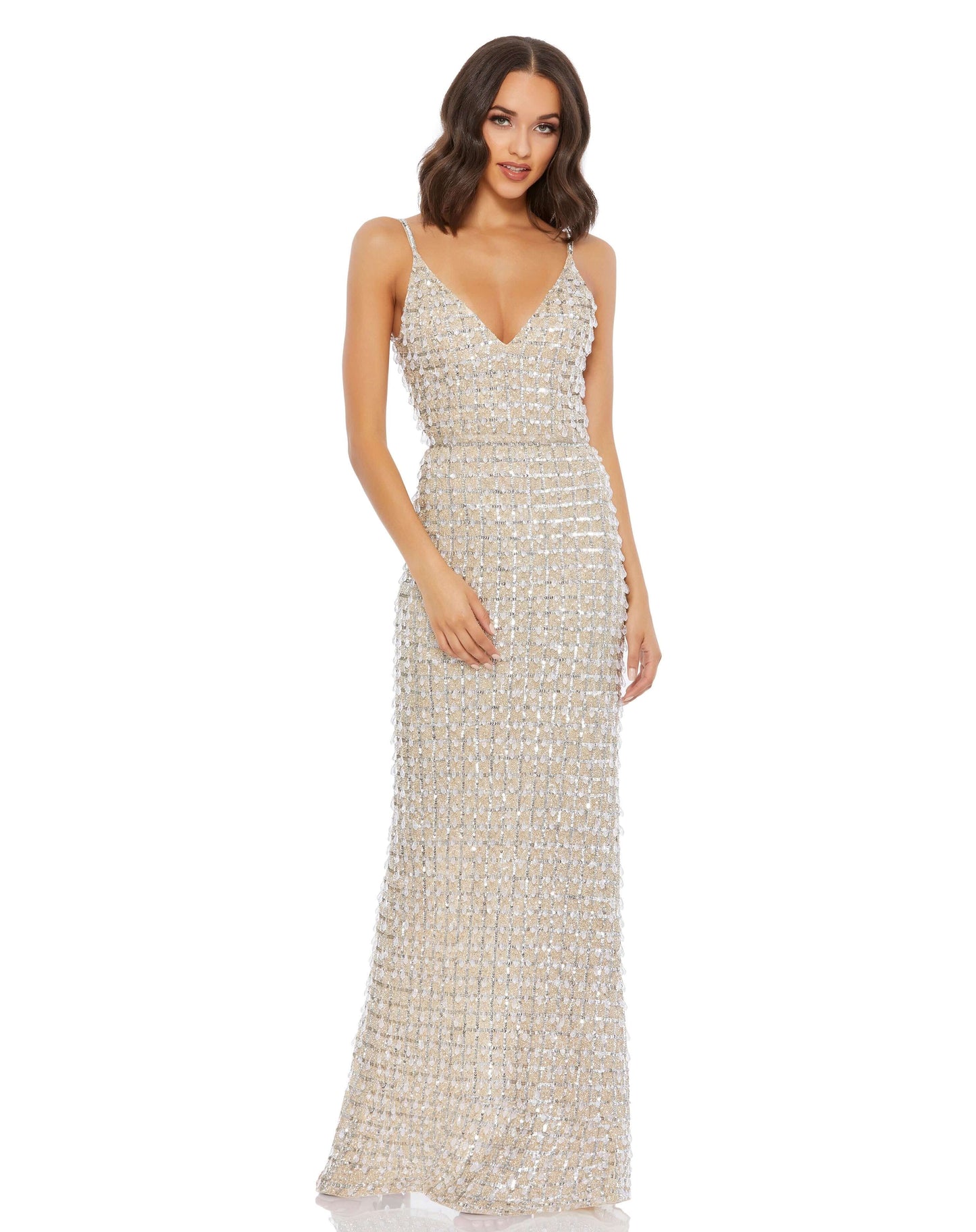 Mac Duggal Style#5394, Geometric Embellished Crystal Drop V-Neck Gown, beaded,Floor Length,Open Back,Sheath,V-Neck, $850.00
