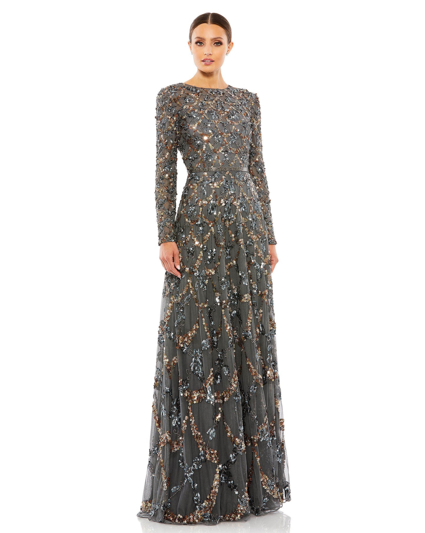 Mac Duggal Style#5496, Embellished Illusion High Neck Long Sleeve Line Gown, A line,beaded,Floor Length,long sleeve,Newest Arrivals,Sequin, $925.00