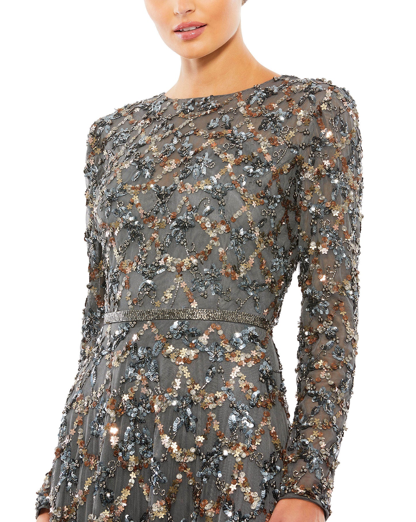 Mac Duggal Style#5496, Embellished Illusion High Neck Long Sleeve Line Gown, A line,beaded,Floor Length,long sleeve,Newest Arrivals,Sequin, $925.00