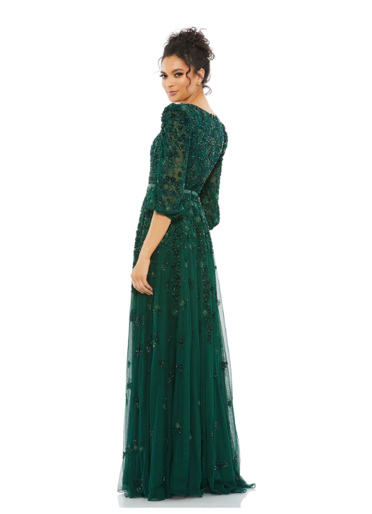 Mac Duggal Style#5497, Embellished V Neck 3/4 Sleeve A Line Gown, A line,beaded,Floor Length,Newest Arrivals,Three Quarter Sleeve, $1100.00