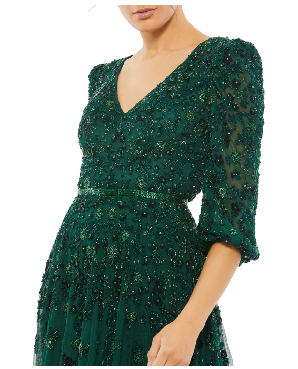 Mac Duggal Style#5497, Embellished V Neck 3/4 Sleeve A Line Gown, A line,beaded,Floor Length,Newest Arrivals,Three Quarter Sleeve, $1100.00