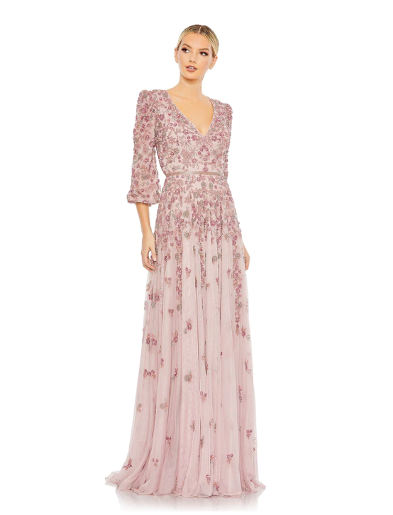 Mac Duggal Style#5497, Embellished V Neck 3/4 Sleeve A Line Gown, A line,beaded,Floor Length,Newest Arrivals,Three Quarter Sleeve, $1100.00