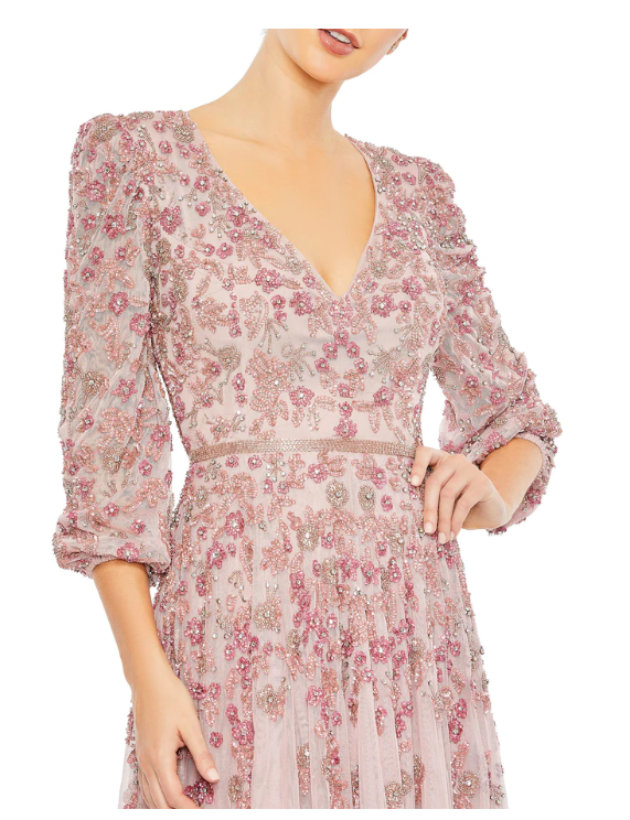 Mac Duggal Embellished tulle fabric (100% polyester) Fully lined through bodice and skirt; semi-sheer unlined sleeves V-neckline 3/4 sleeves Allover floral beaded embellishments Concealed back zipper Approx. 62.5" from top of shoulder to bottom hem Availa