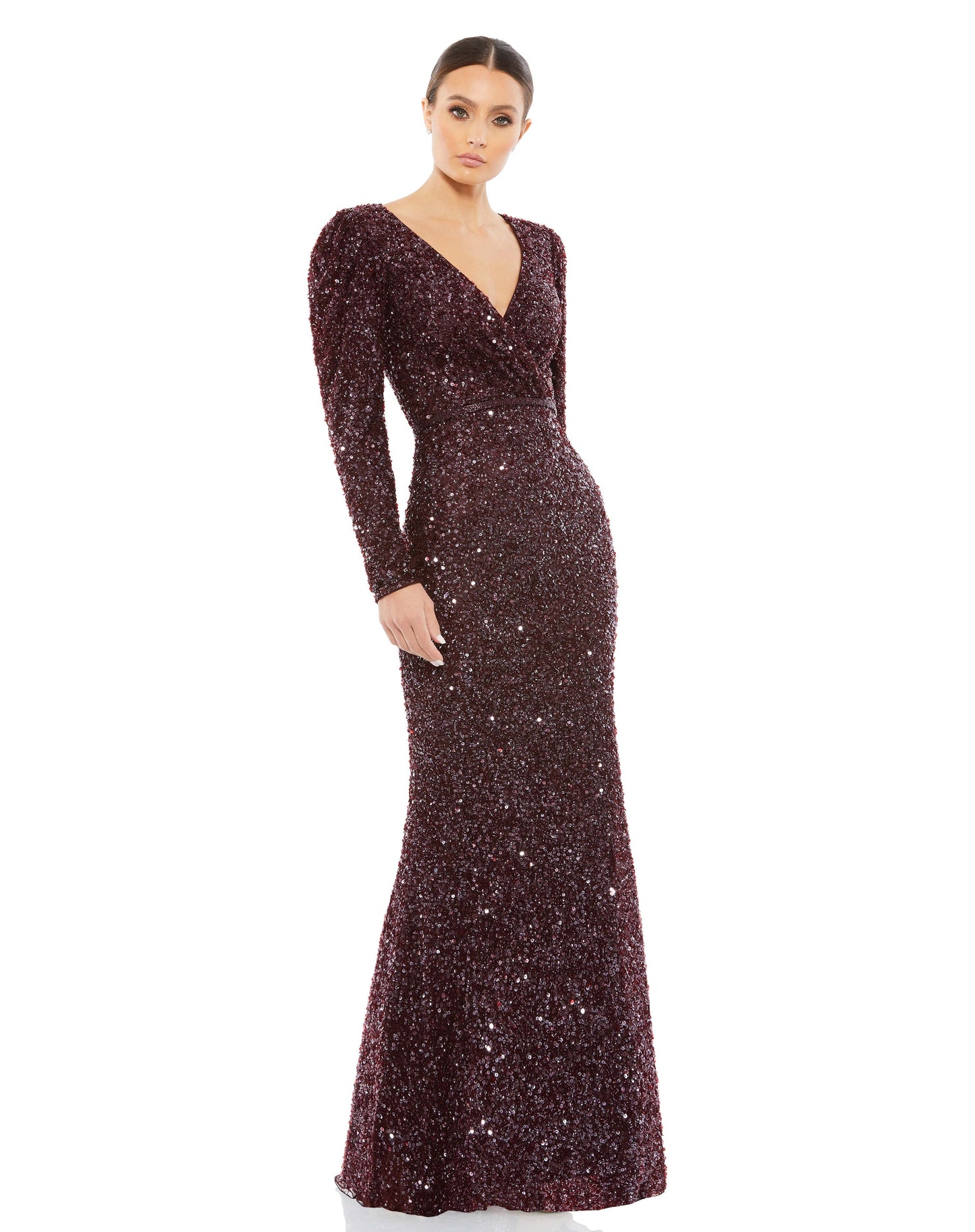 Mac Duggal Style#5510, Puff Shoulder Sequined Surplice Gown, Floor Length,long sleeve,Sequin,Sheath,V-Neck, $740.00