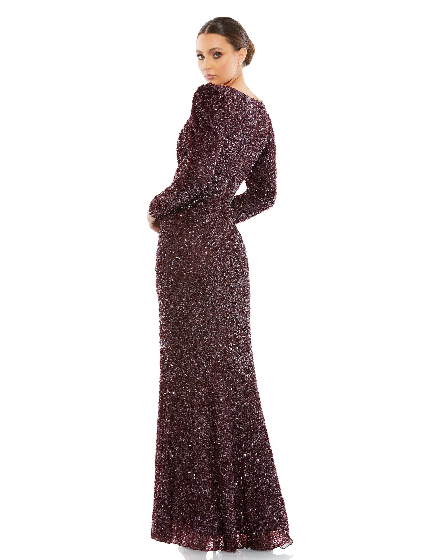 Mac Duggal Style#5510, Puff Shoulder Sequined Surplice Gown, Floor Length,long sleeve,Sequin,Sheath,V-Neck, $740.00