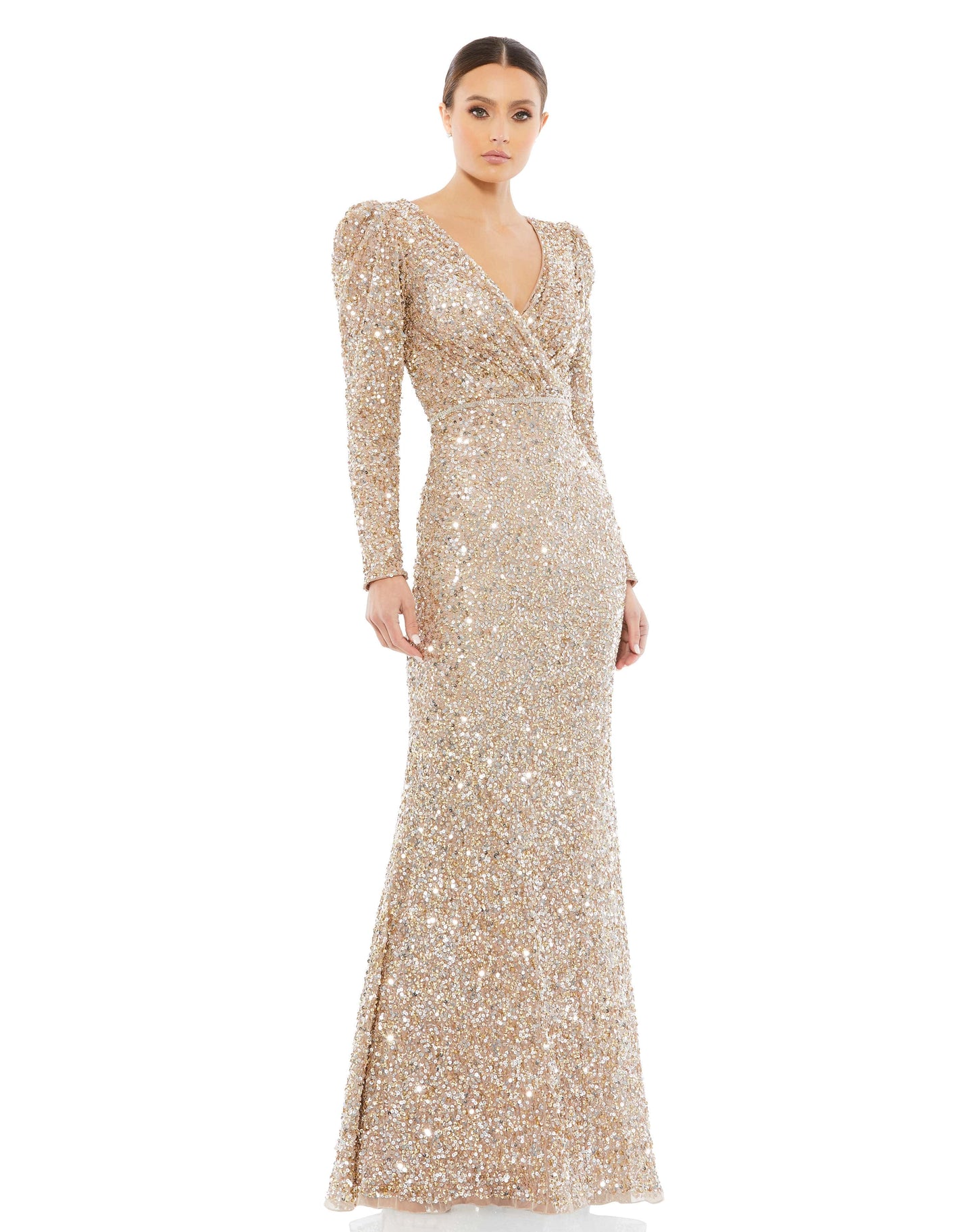 Mac Duggal Style#5510, Puff Shoulder Sequined Surplice Gown, Floor Length,long sleeve,Sequin,Sheath,V-Neck, $740.00