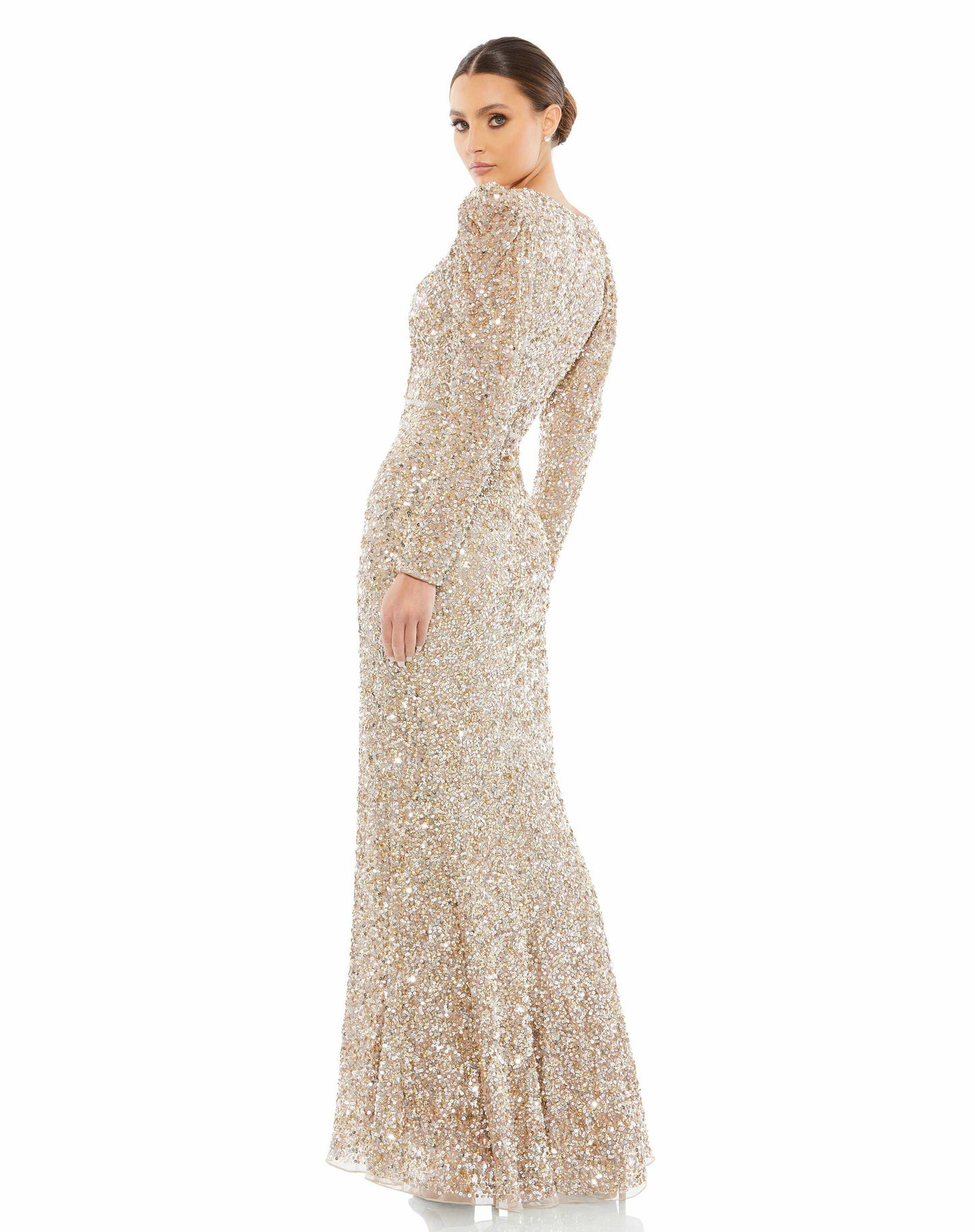 Mac Duggal Style#5510, Puff Shoulder Sequined Surplice Gown, Floor Length,long sleeve,Sequin,Sheath,V-Neck, $740.00