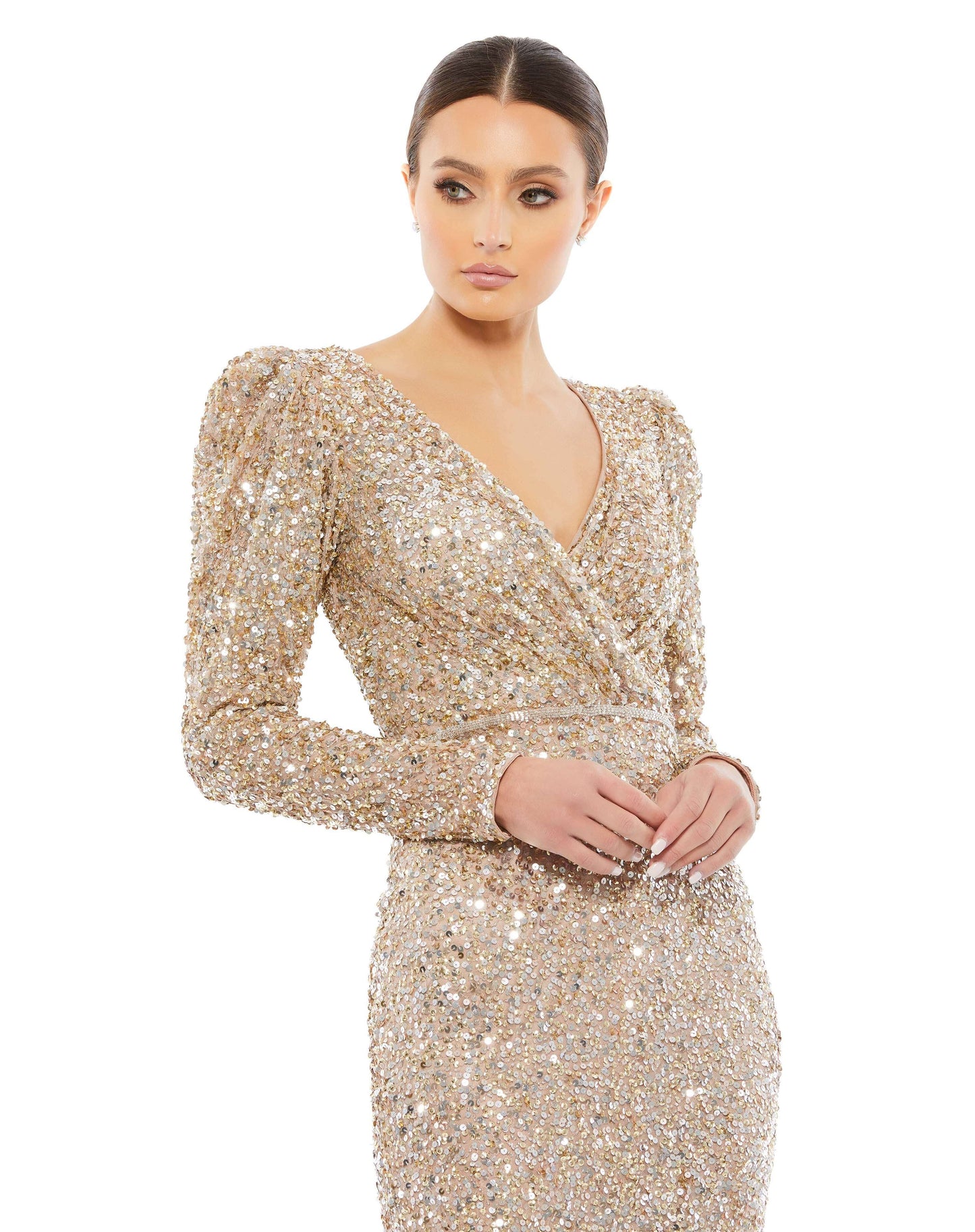 Mac Duggal Style#5510, Puff Shoulder Sequined Surplice Gown, Floor Length,long sleeve,Sequin,Sheath,V-Neck, $740.00