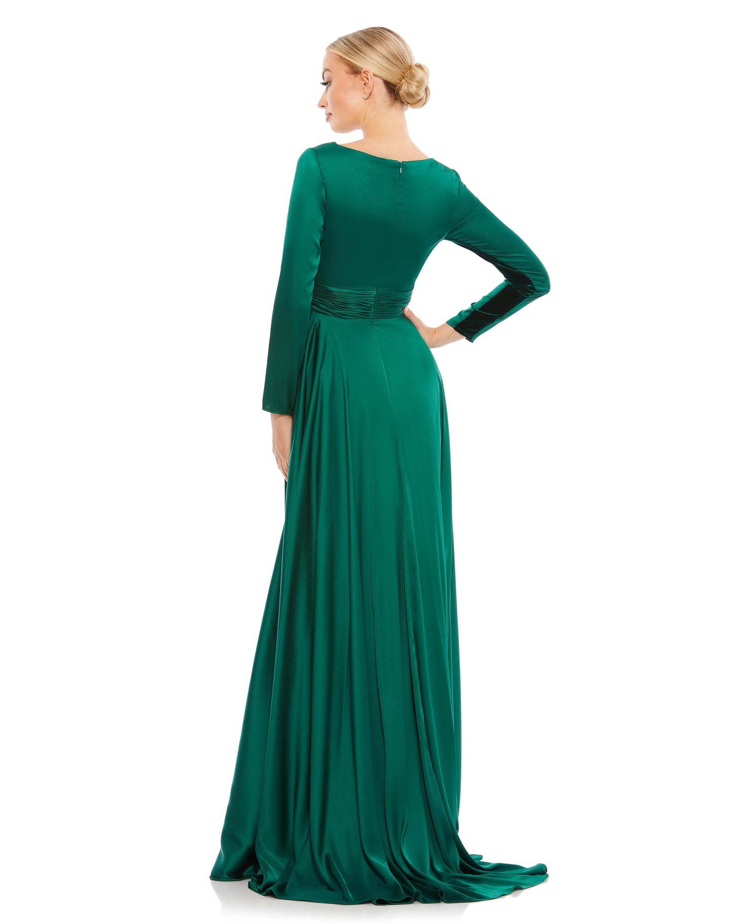 Long sleeve satin a-line gown accented with a ruched belt, a thigh slit, and a sweeping train. Ieena for Mac Duggal Fully Lined Back Zipper 100% Polyester Long Sleeve Maxi & Floor Length V-Neck Style #55245