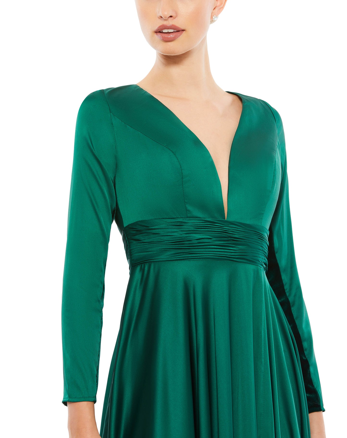 Long sleeve satin a-line gown accented with a ruched belt, a thigh slit, and a sweeping train. Ieena for Mac Duggal Fully Lined Back Zipper 100% Polyester Long Sleeve Maxi & Floor Length V-Neck Style #55245