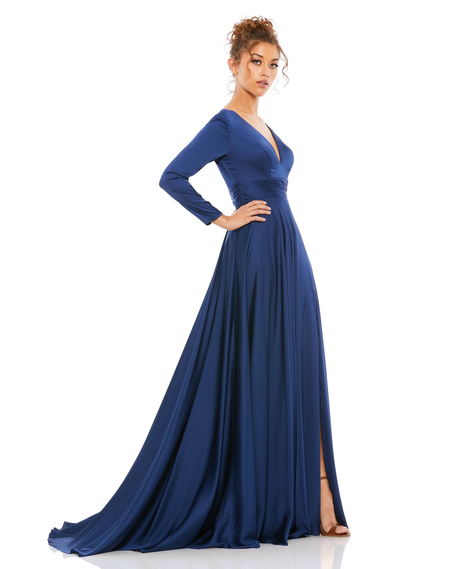 Long sleeve satin a-line gown accented with a ruched belt, a thigh slit, and a sweeping train. Ieena for Mac Duggal Fully Lined Back Zipper 100% Polyester Long Sleeve Maxi & Floor Length V-Neck Style #55245