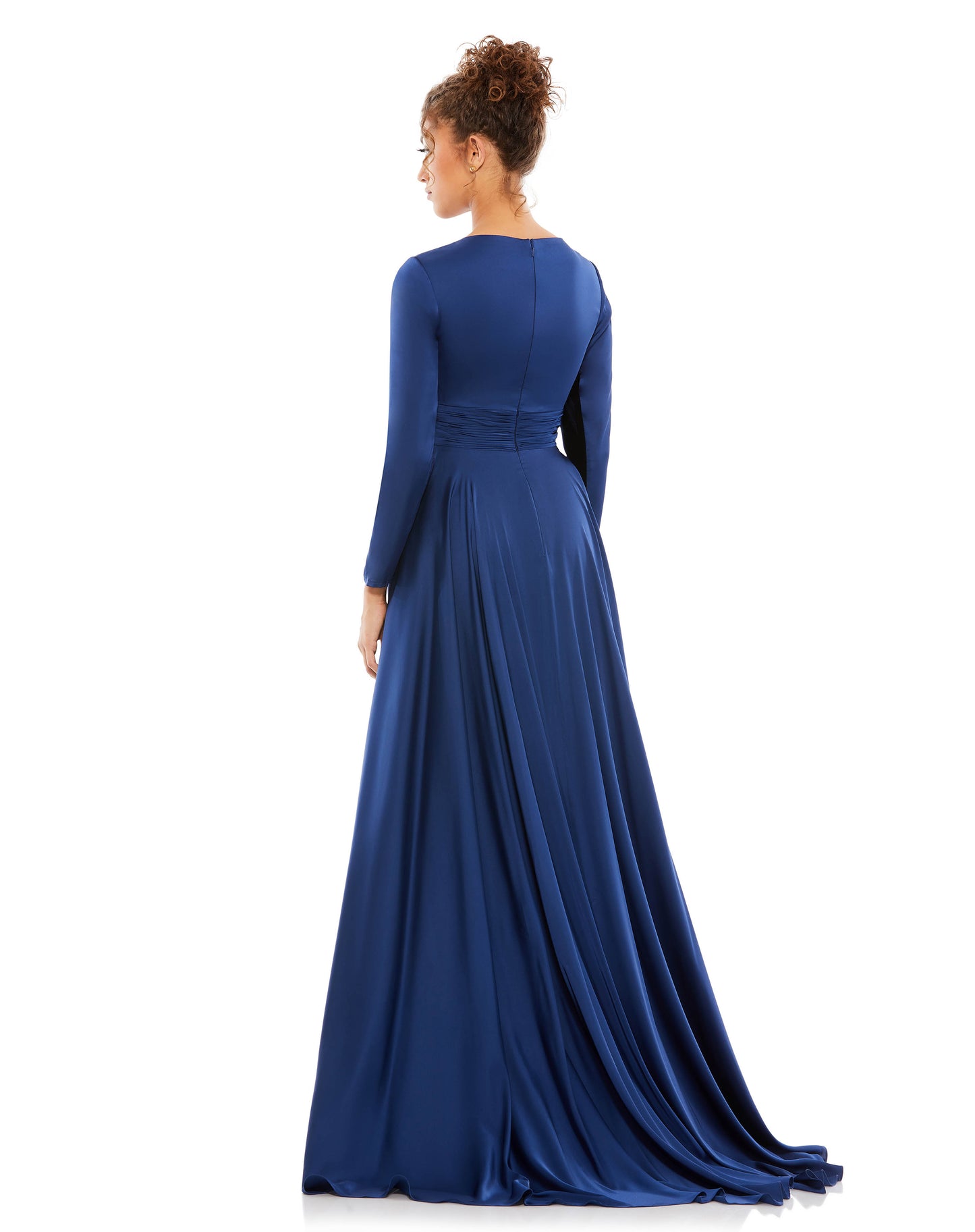 Long sleeve satin a-line gown accented with a ruched belt, a thigh slit, and a sweeping train. Ieena for Mac Duggal Fully Lined Back Zipper 100% Polyester Long Sleeve Maxi & Floor Length V-Neck Style #55245