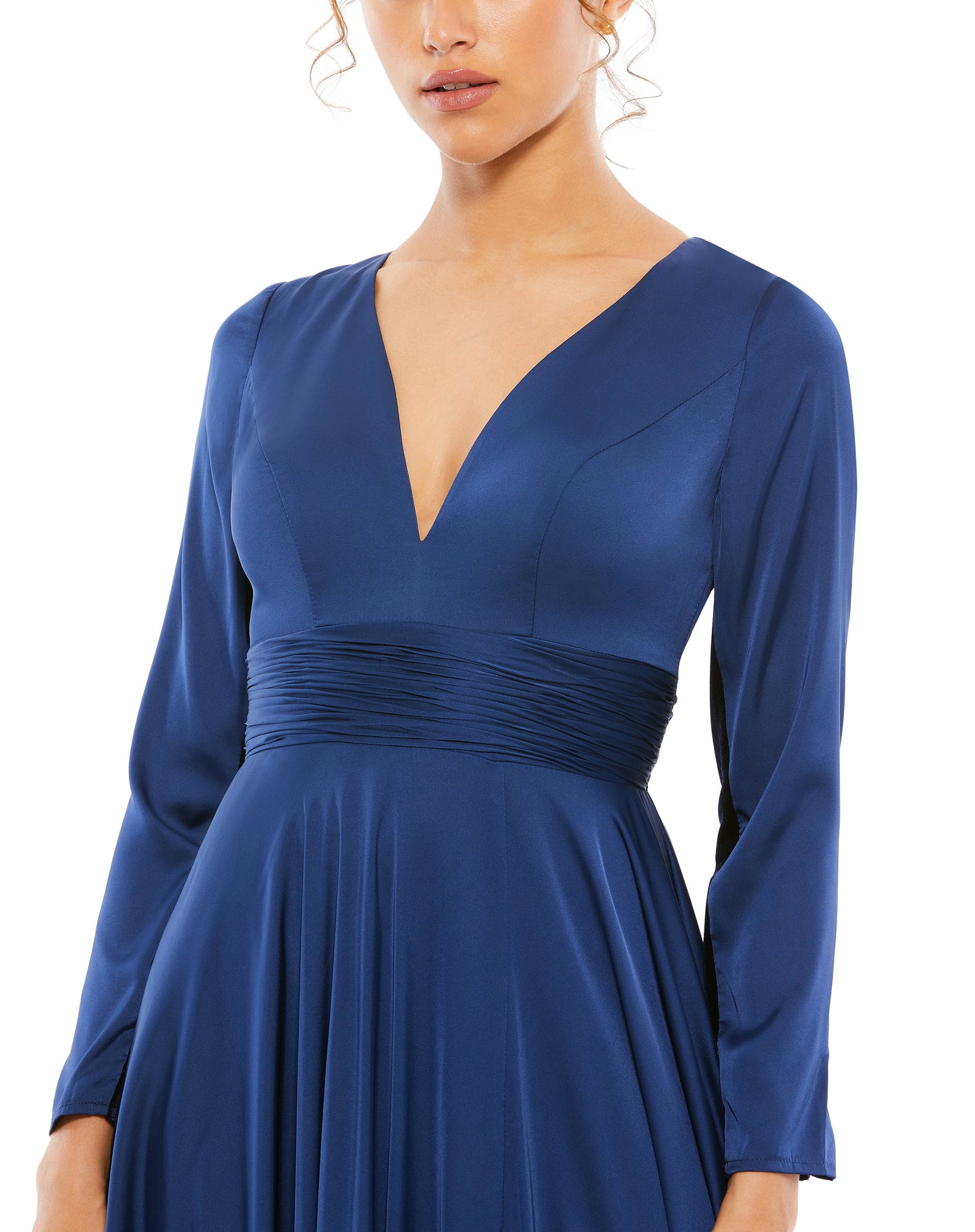 Long sleeve satin a-line gown accented with a ruched belt, a thigh slit, and a sweeping train. Ieena for Mac Duggal Fully Lined Back Zipper 100% Polyester Long Sleeve Maxi & Floor Length V-Neck Style #55245