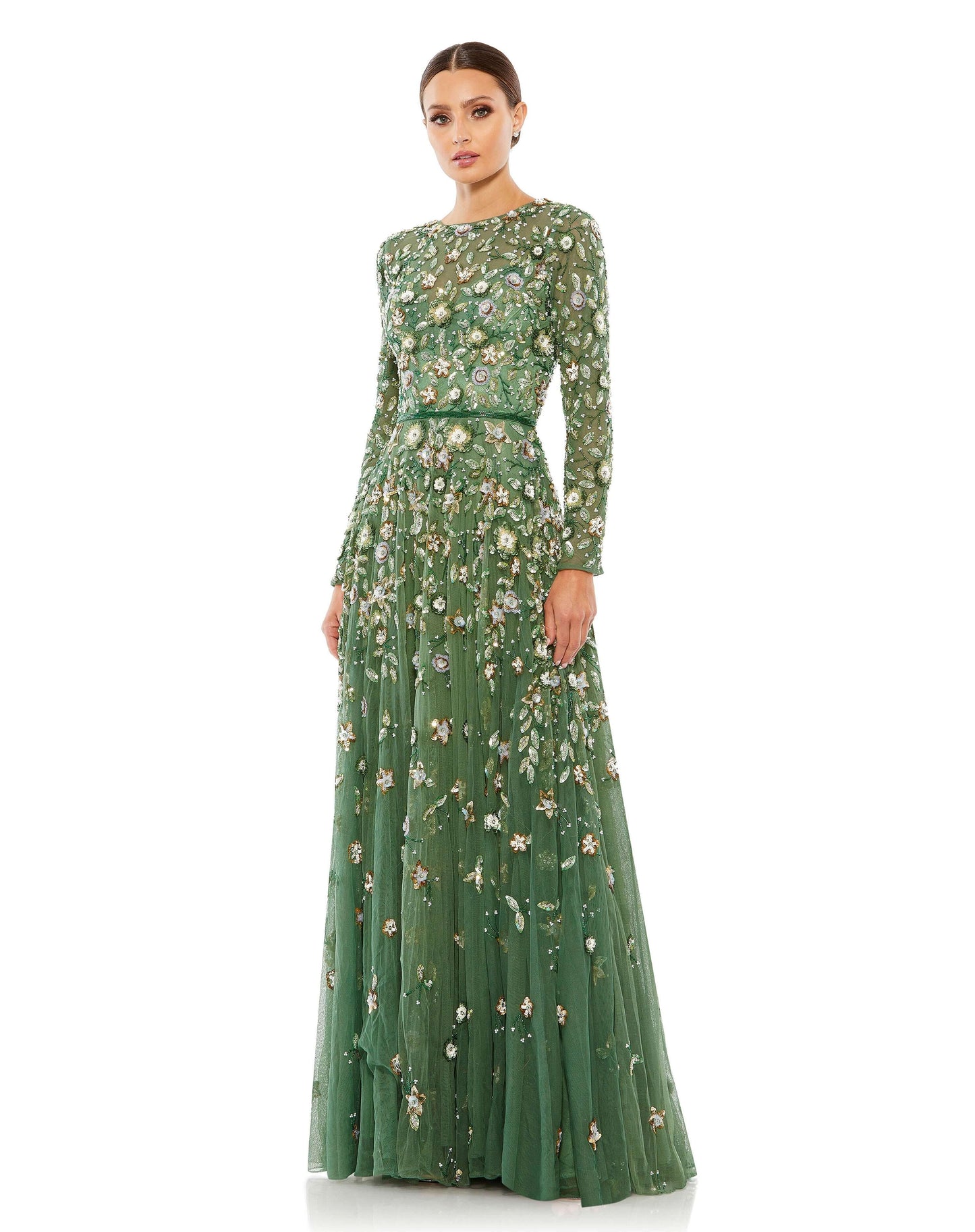 Mac Duggal Style#5533, Floral Appliqué Long Sleeve Illusion Gown, A line,beaded,Floor Length,long sleeve,Tulle, $950.00