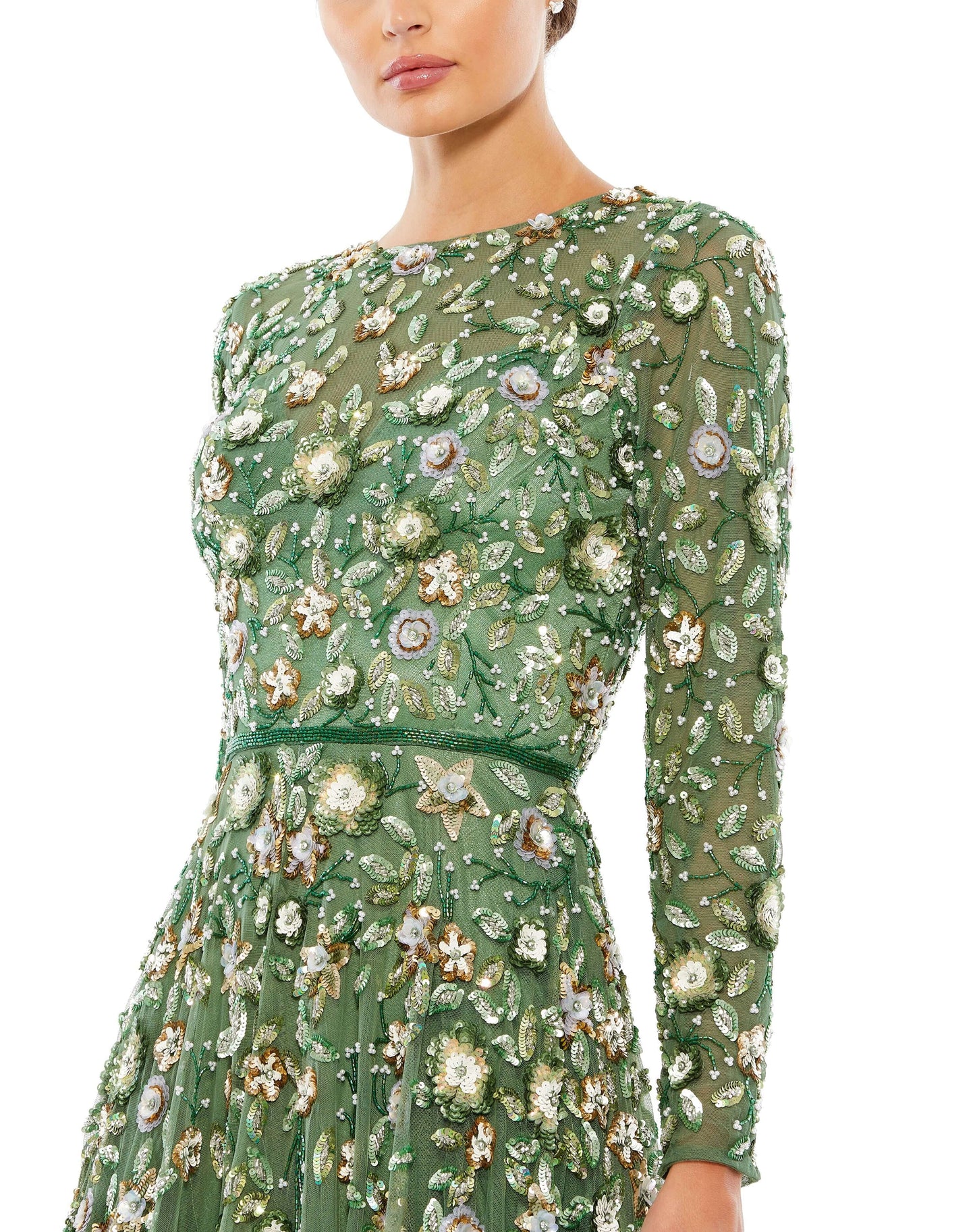 Mac Duggal Style#5533, Floral Appliqué Long Sleeve Illusion Gown, A line,beaded,Floor Length,long sleeve,Tulle, $950.00