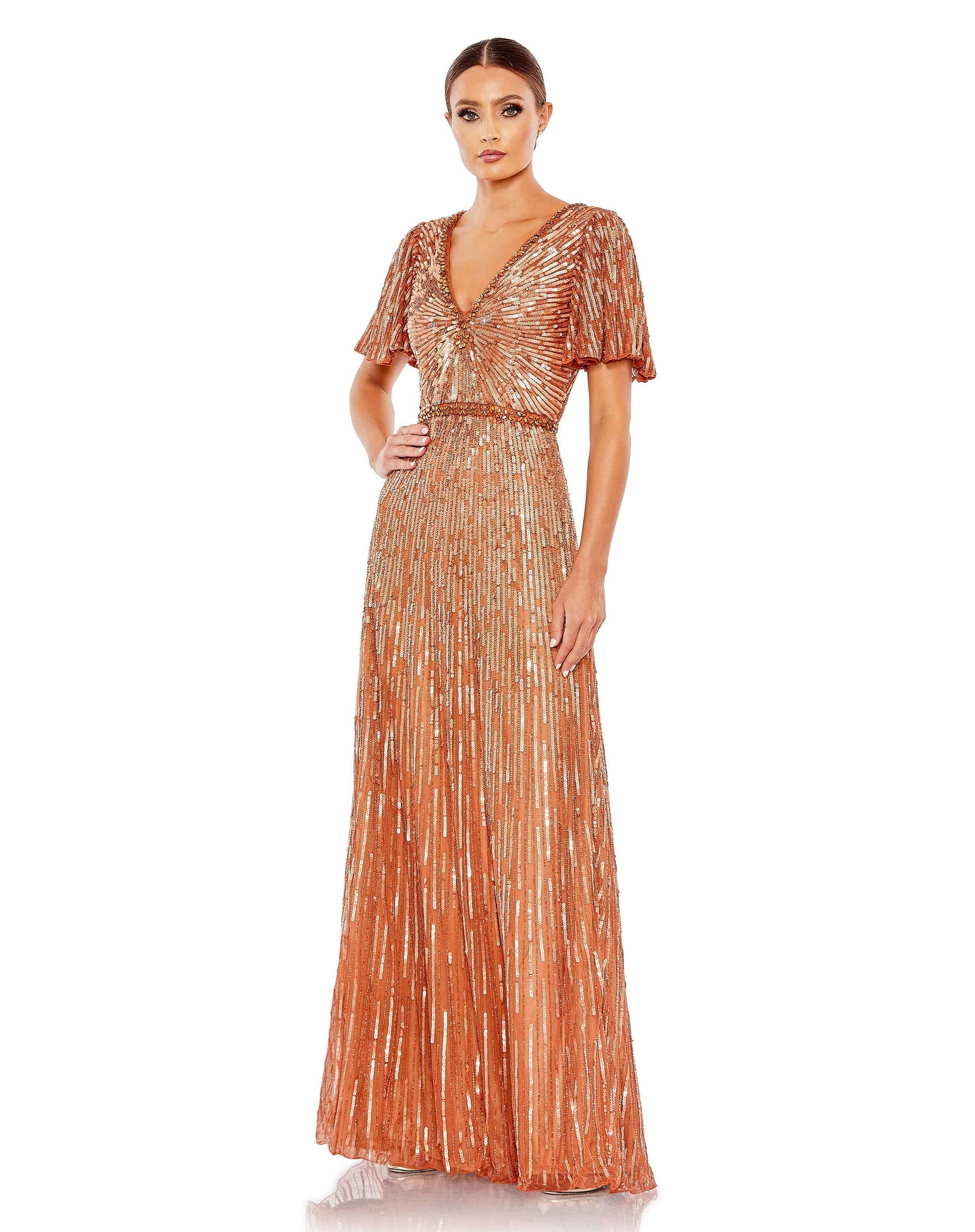 Mac Duggal Style#5538, Embellished V Neck Butterfly Sleeve Column Gown, A line,Floor Length,Newest Arrivals,Sequin,Short Sleeve,V-Neck, $850.00
