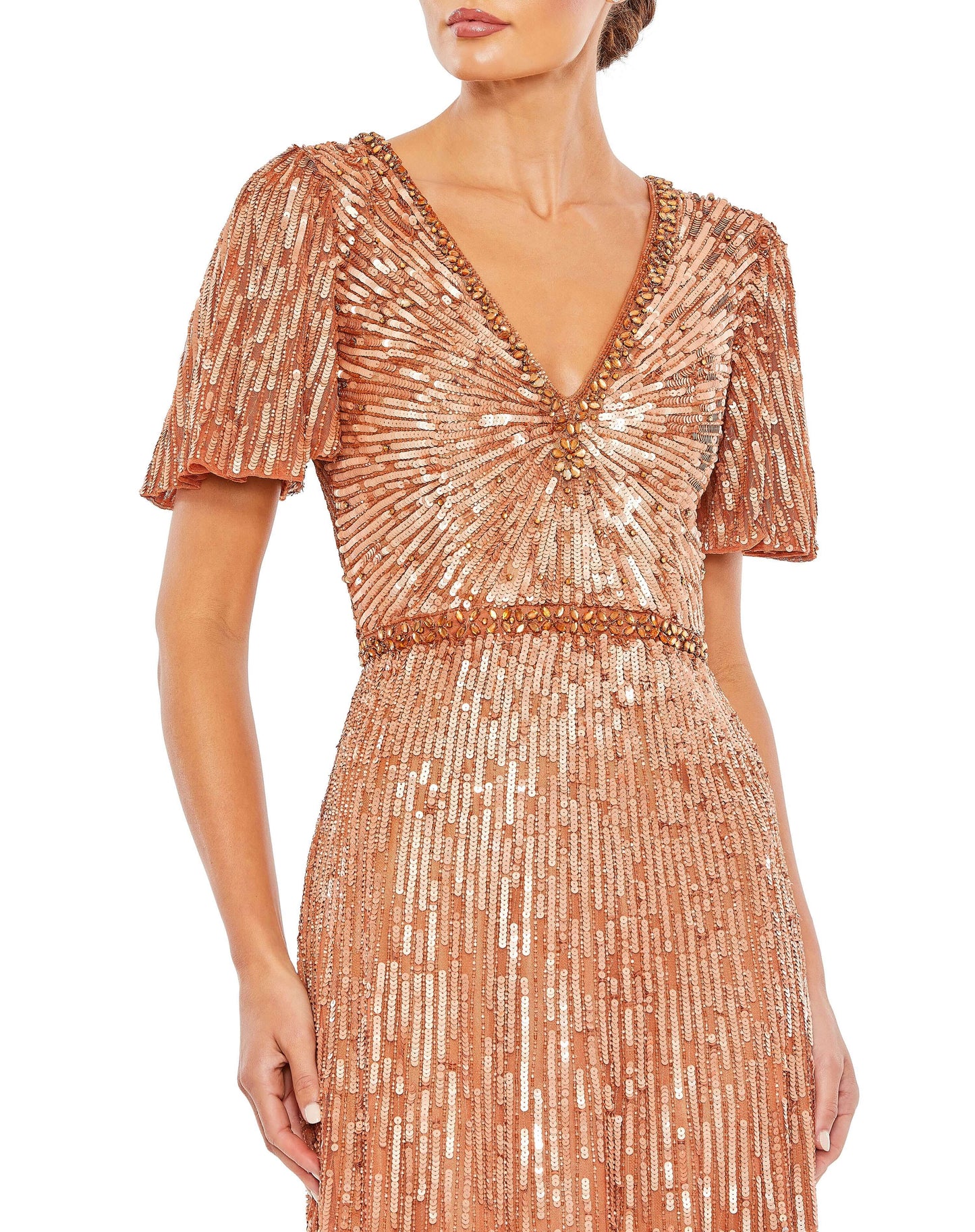 Mac Duggal Style#5538, Embellished V Neck Butterfly Sleeve Column Gown, A line,Floor Length,Newest Arrivals,Sequin,Short Sleeve,V-Neck, $850.00