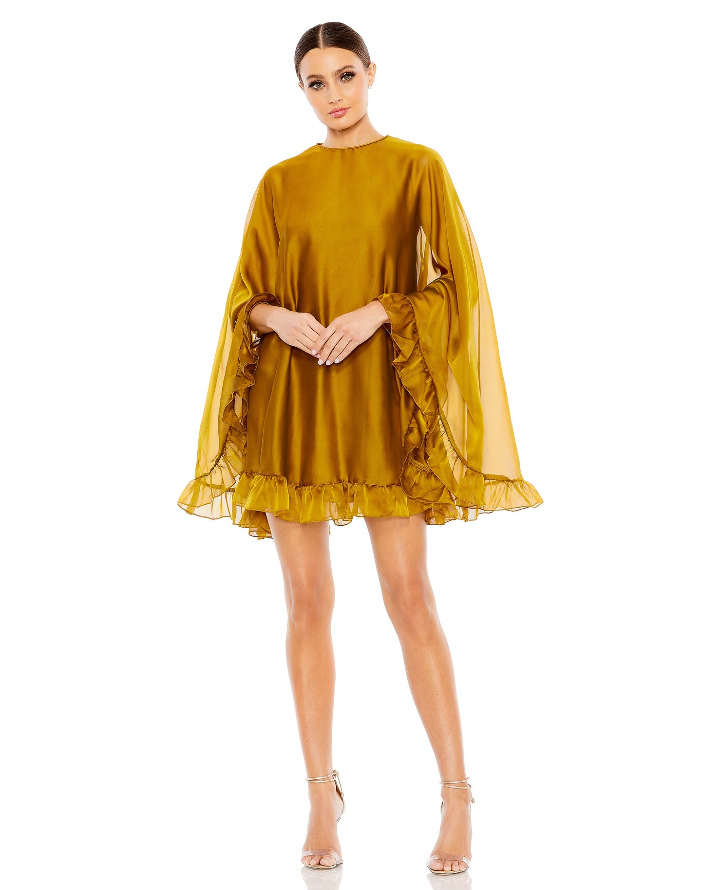 Mac Duggal Style#55407, High Neck Ruffle Hem Cape Mini Dress, Cocktail,Newest Arrivals,Ruffles,short, $620.00