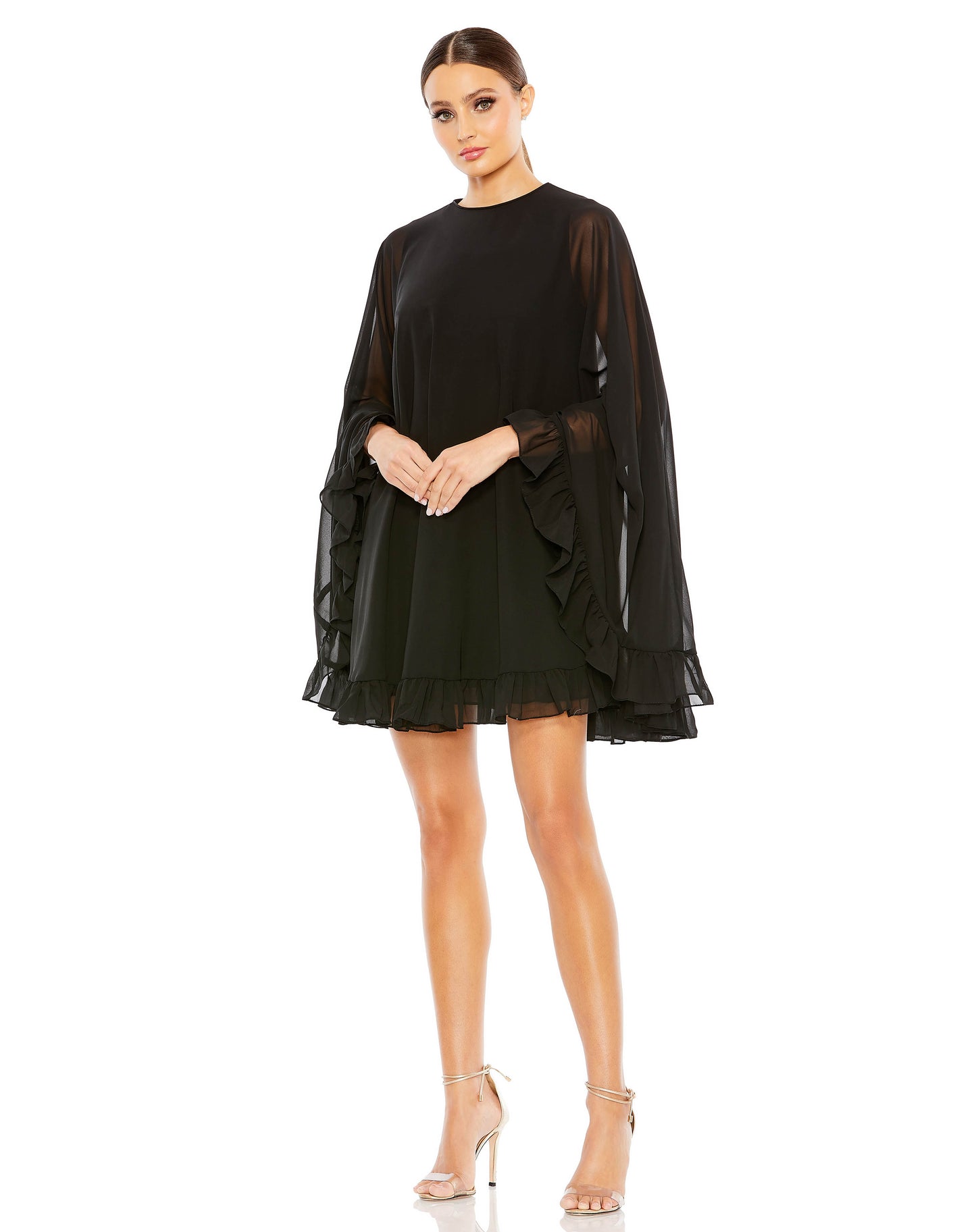 Mac Duggal Style#55407, High Neck Ruffle Hem Cape Mini Dress, Cocktail,Newest Arrivals,Ruffles,short, $620.00