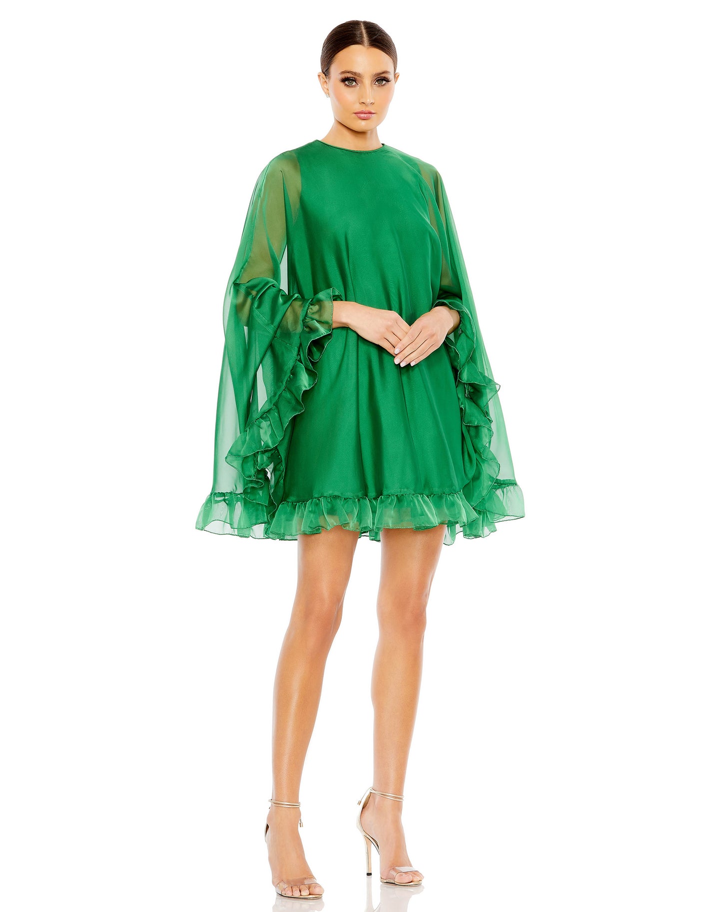 Mac Duggal Style#55407, High Neck Ruffle Hem Cape Mini Dress, Cocktail,Newest Arrivals,Ruffles,short, $620.00