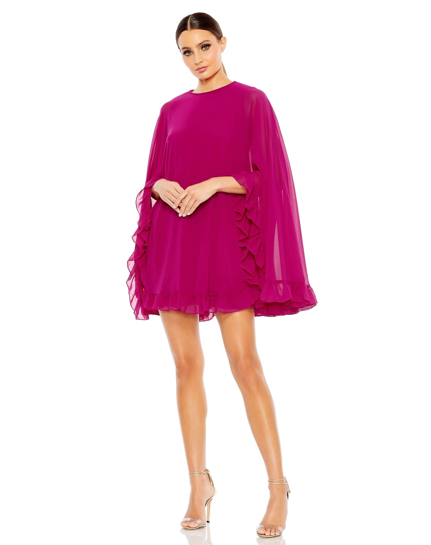 Mac Duggal Style#55407, High Neck Ruffle Hem Cape Mini Dress, Cocktail,Newest Arrivals,Ruffles,short, $620.00