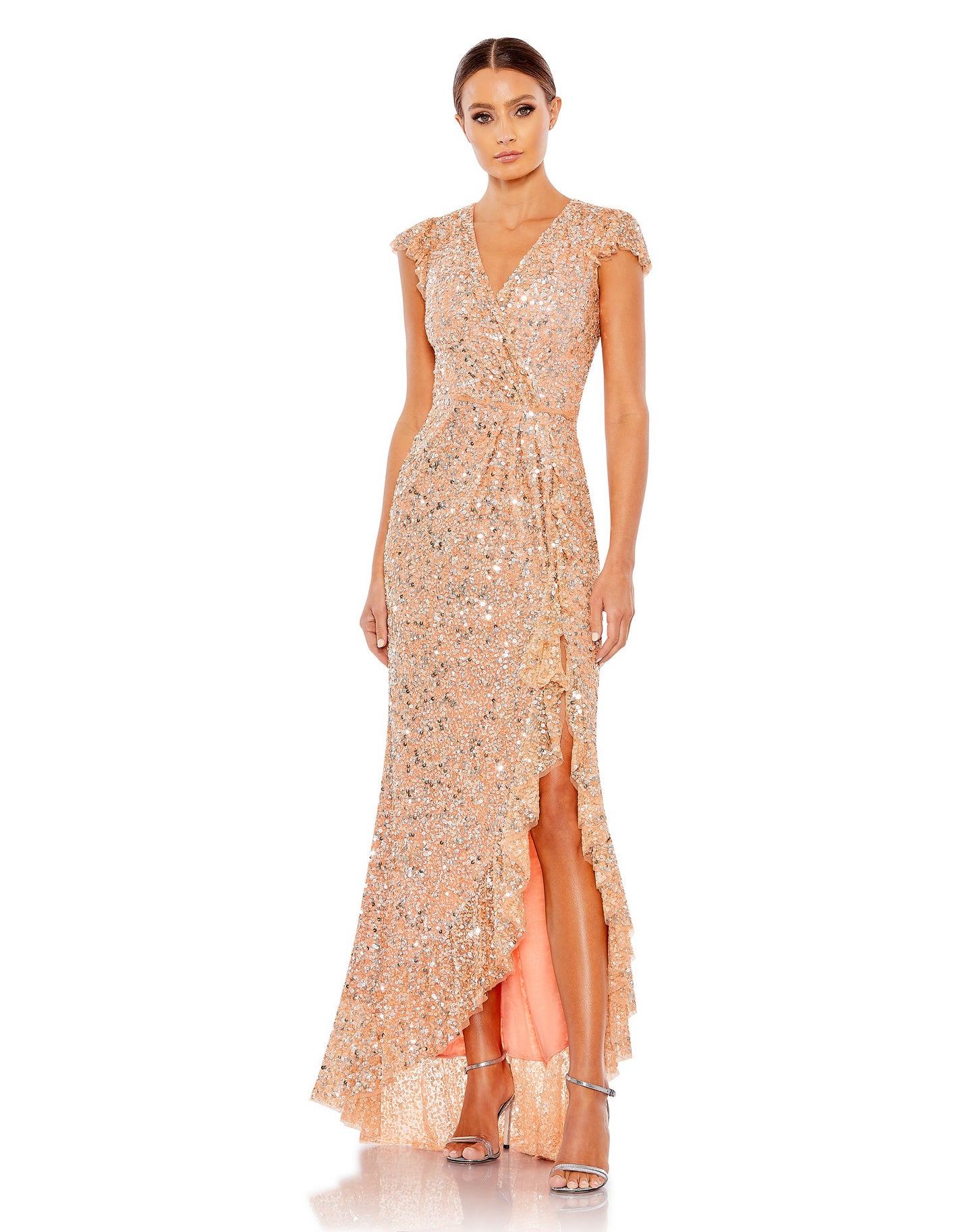 Sequined Faux Wrap Ruffle Cap Sleeve Gown