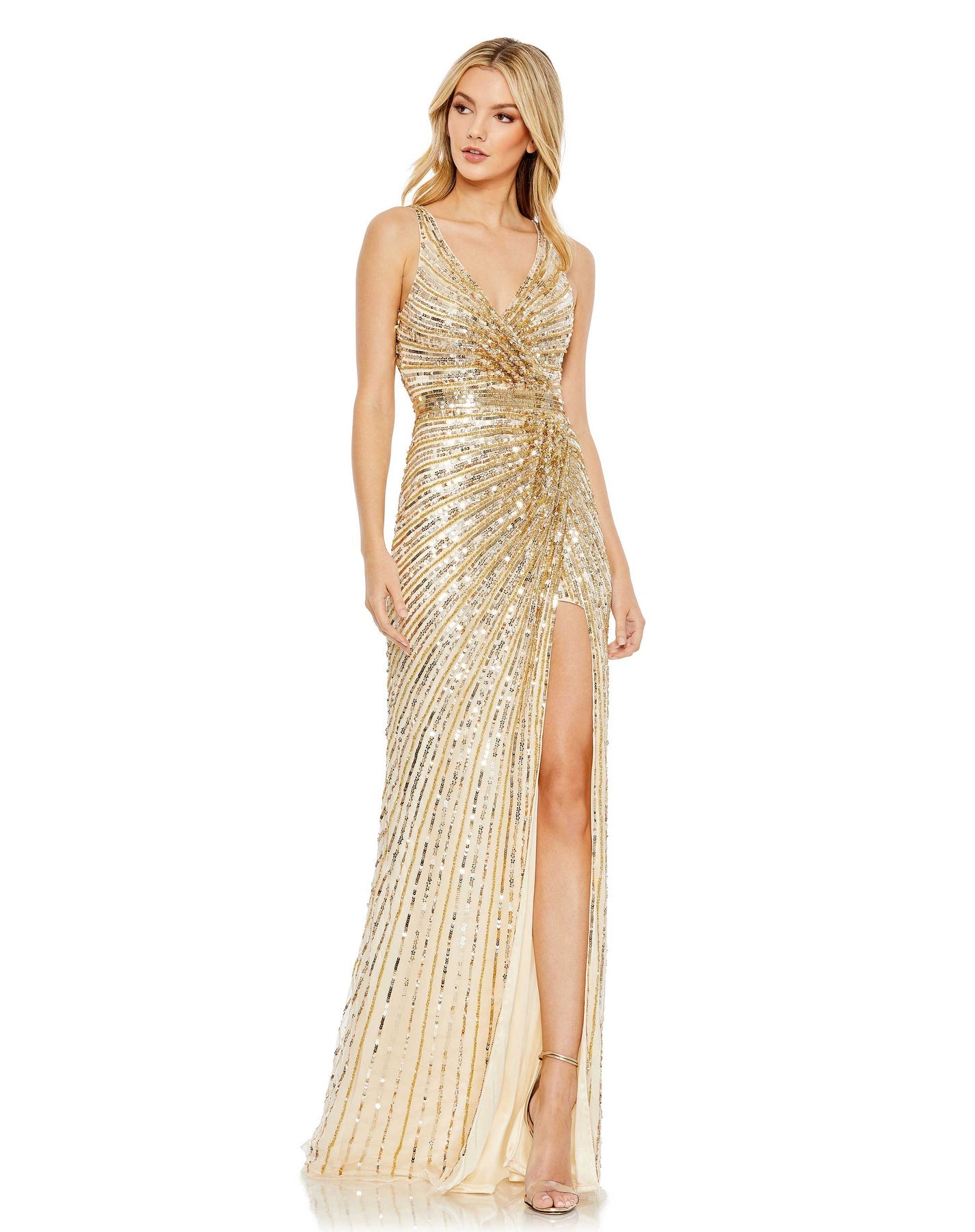 Mac Duggal Style#5685, Sequined Faux Wrap Sleeveless Gown, Floor Length,Sequin,Slit,V-Neck, $725.00