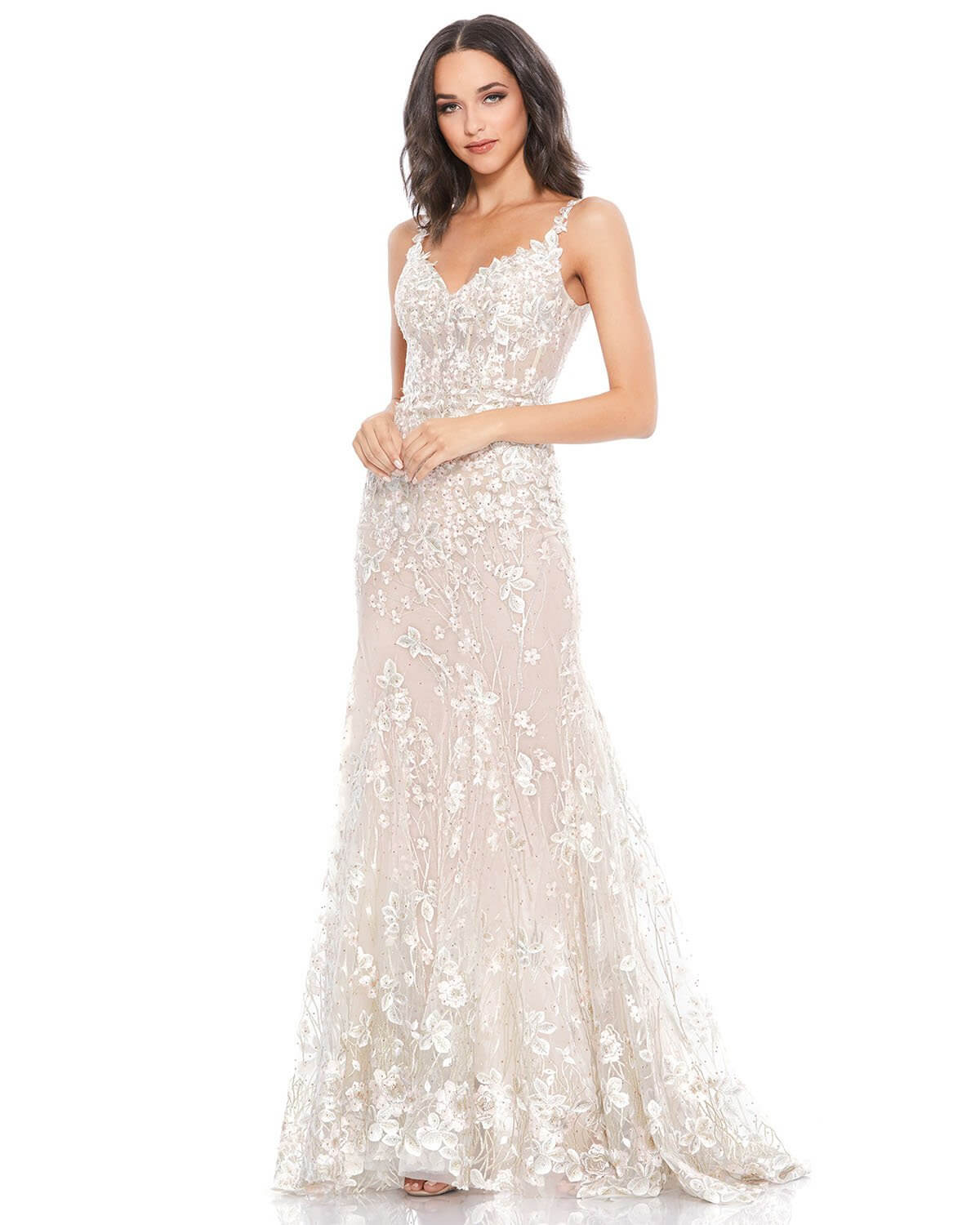 Mac Duggal Style#67492, Floral Embroidered Corset Bodice Gown, Bridal,Fit and Flare,Floor Length,Lace,Open Back,SALE,sleeveless,Tulle,V-Neck, $850.00
