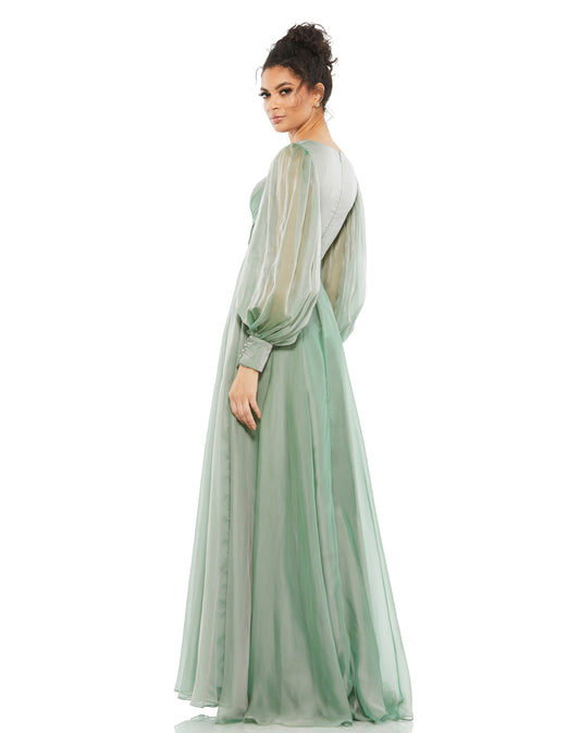 Mac Duggal Style#67873, Sheer Blouson Sleeve Surplice Gown, A line,Floor Length,long sleeve,SALE,V-Neck, $630.00