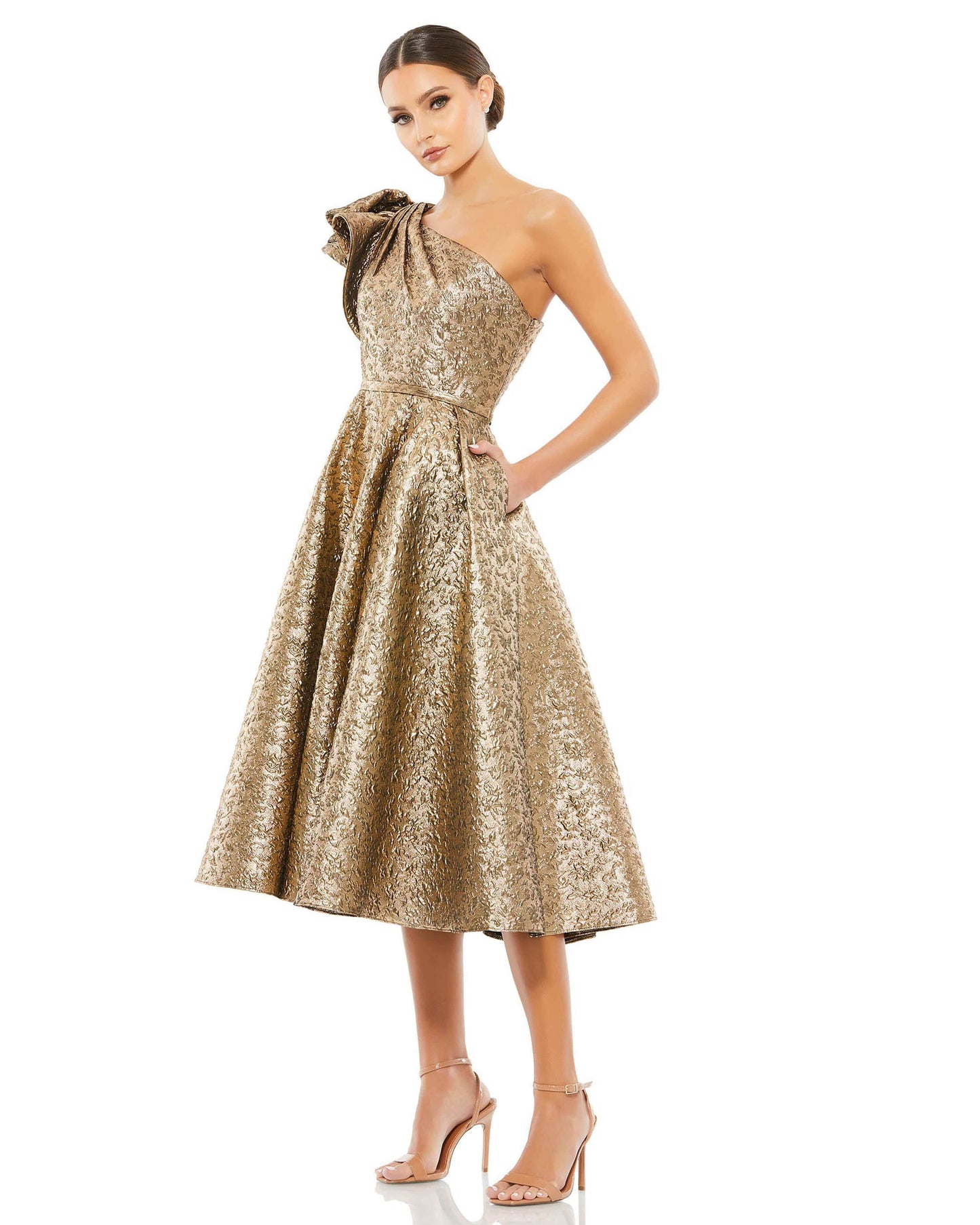 Mac Duggal Style#67906, One Shoulder Bow Midi Dress, Cocktail,Metallic,Newest Arrivals,One Shoulder,short, $730.00