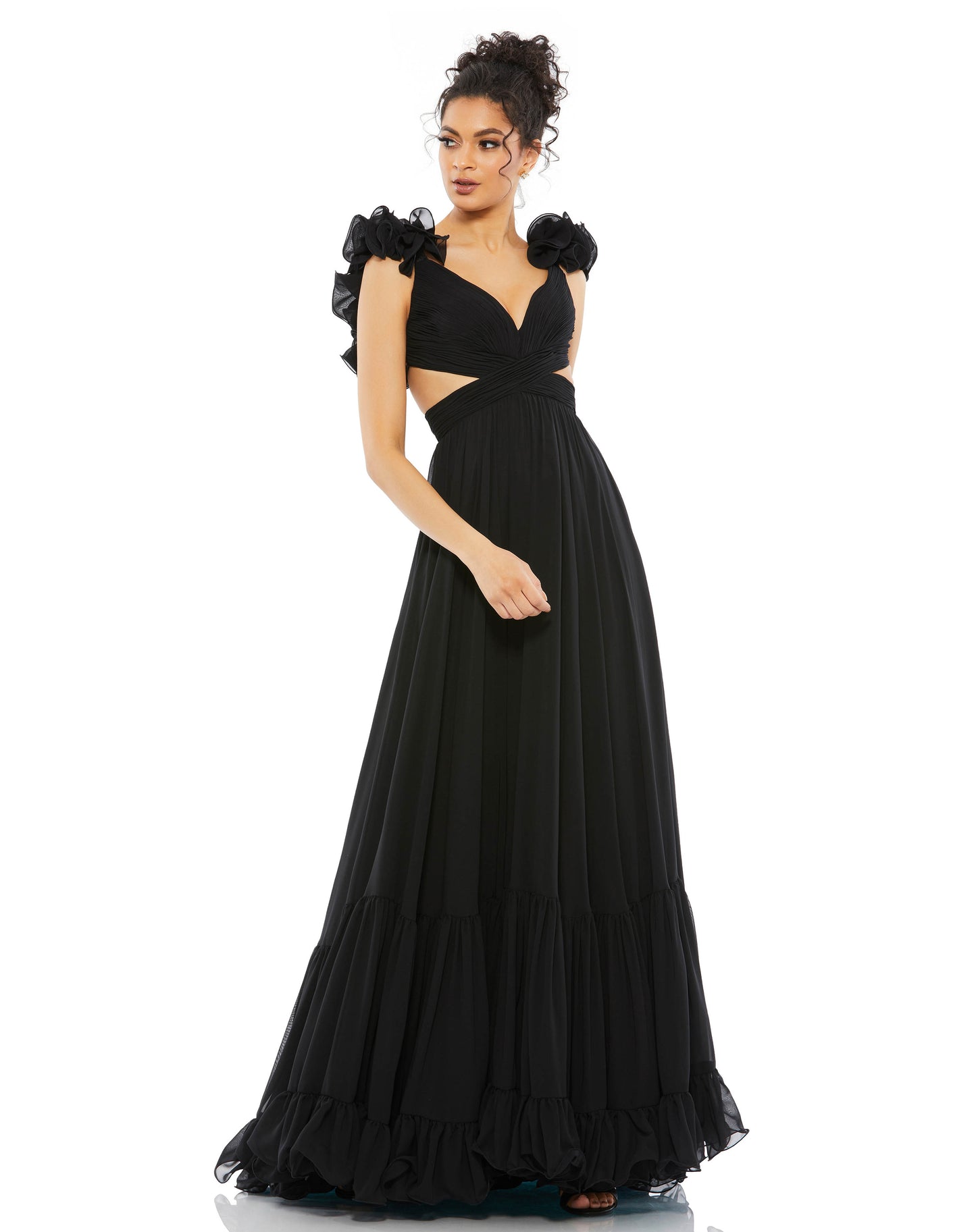 Ruffle Shoulder Lace Up Gown